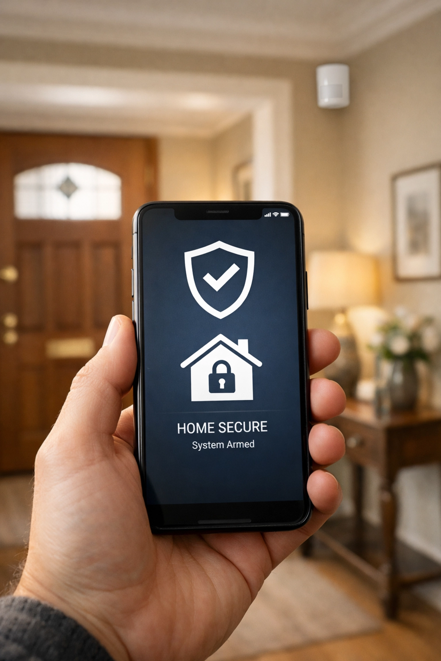 Smartphone app controlling a wireless home security system in a modern Salisbury house hallway.