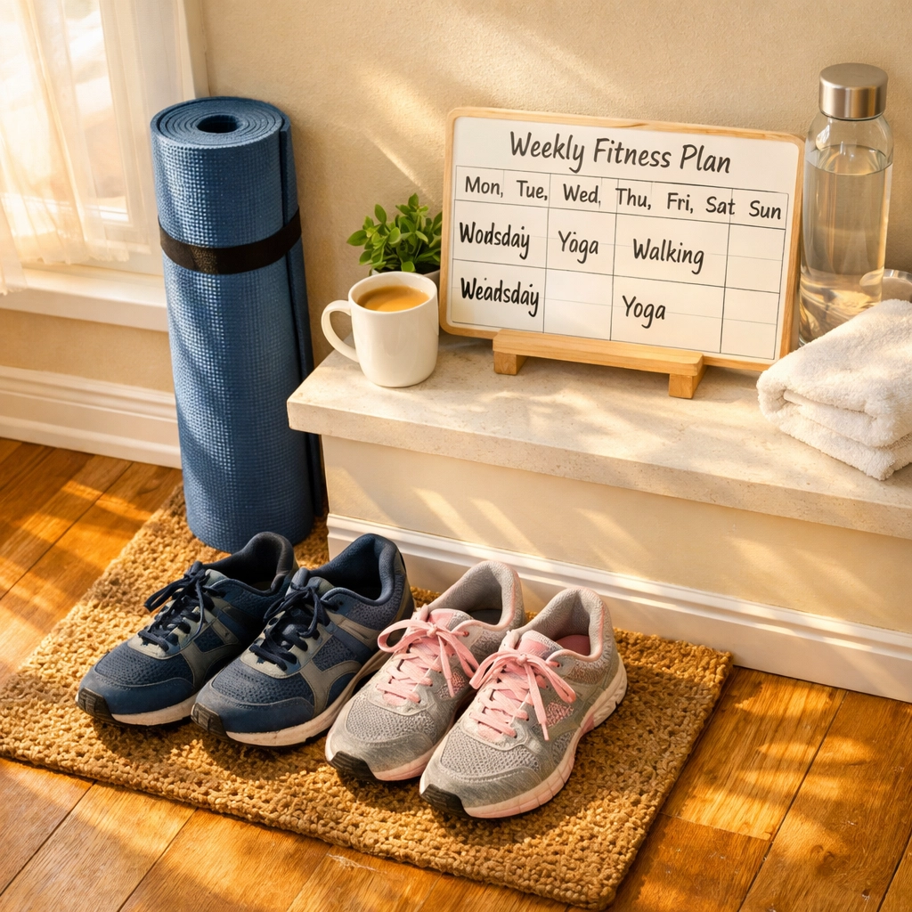 Walking shoes and yoga mat ready for weekly senior balance exercise routine