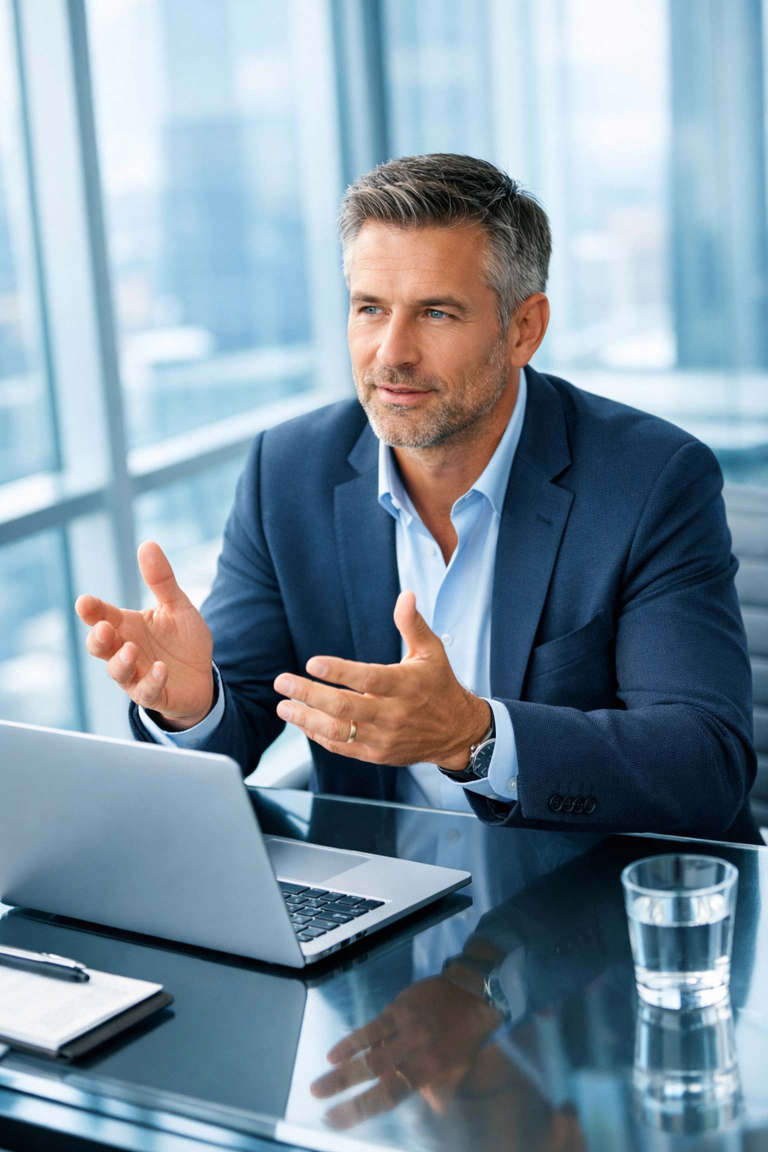 CEO arbeitet mit KI-Tools am Laptop für effektives Prompt Engineering Management