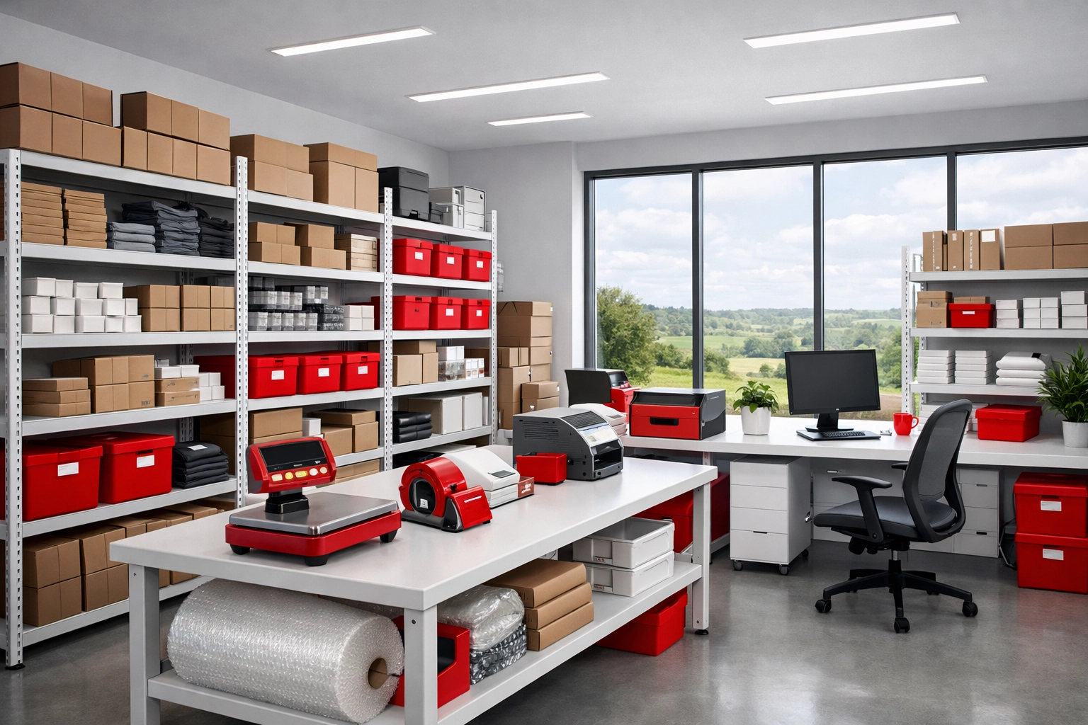 Professional Hertfordshire distribution hub showing organized inventory on white industrial shelving.
