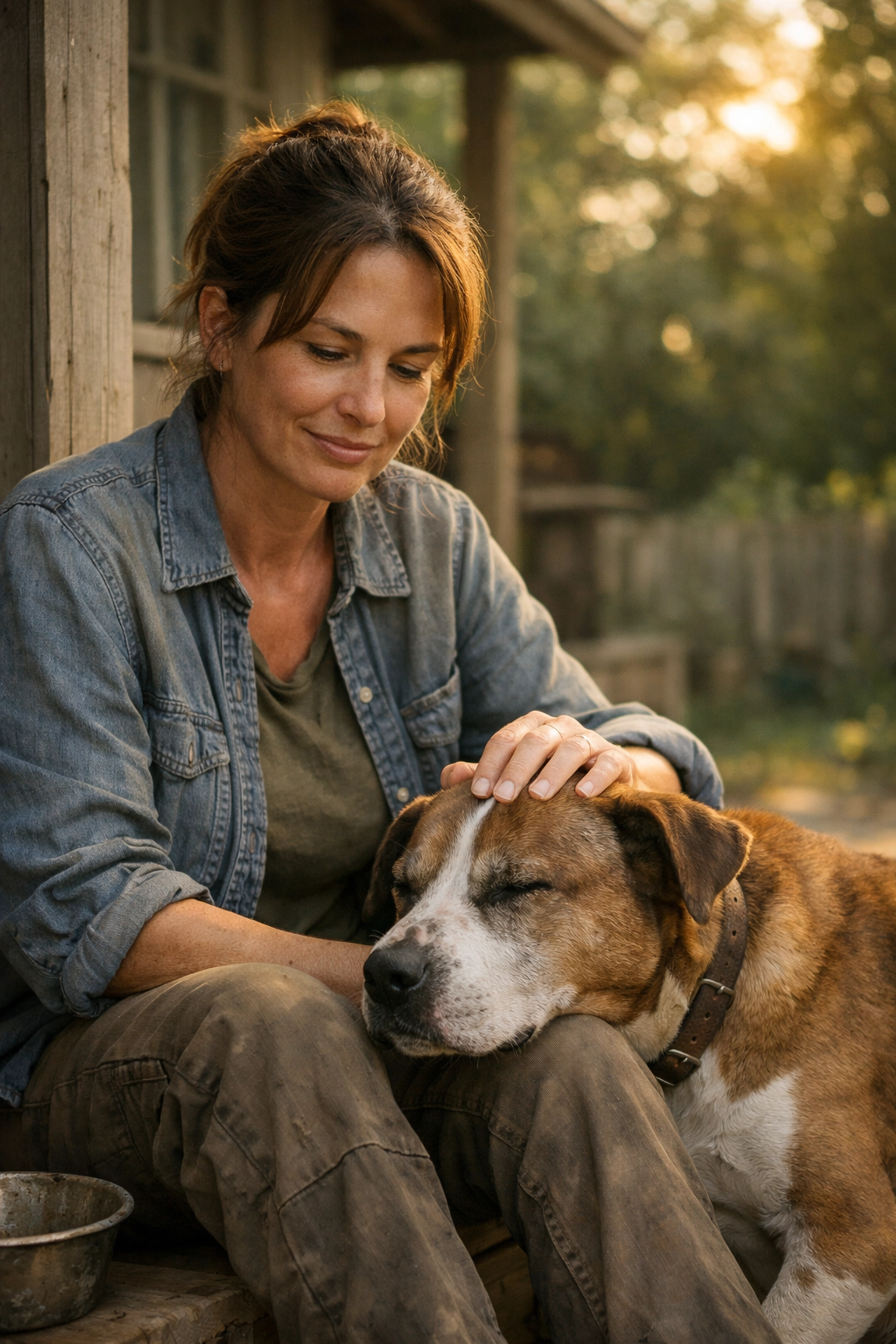 Caregiver Louisa Montalvo finding a peaceful reset moment with a rescued shelter dog on a porch.