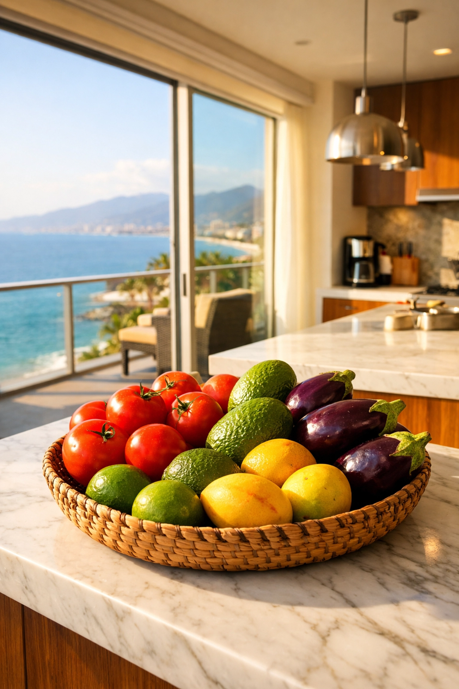 Modern condo kitchen with ocean views and fresh produce in Puerto Vallarta
