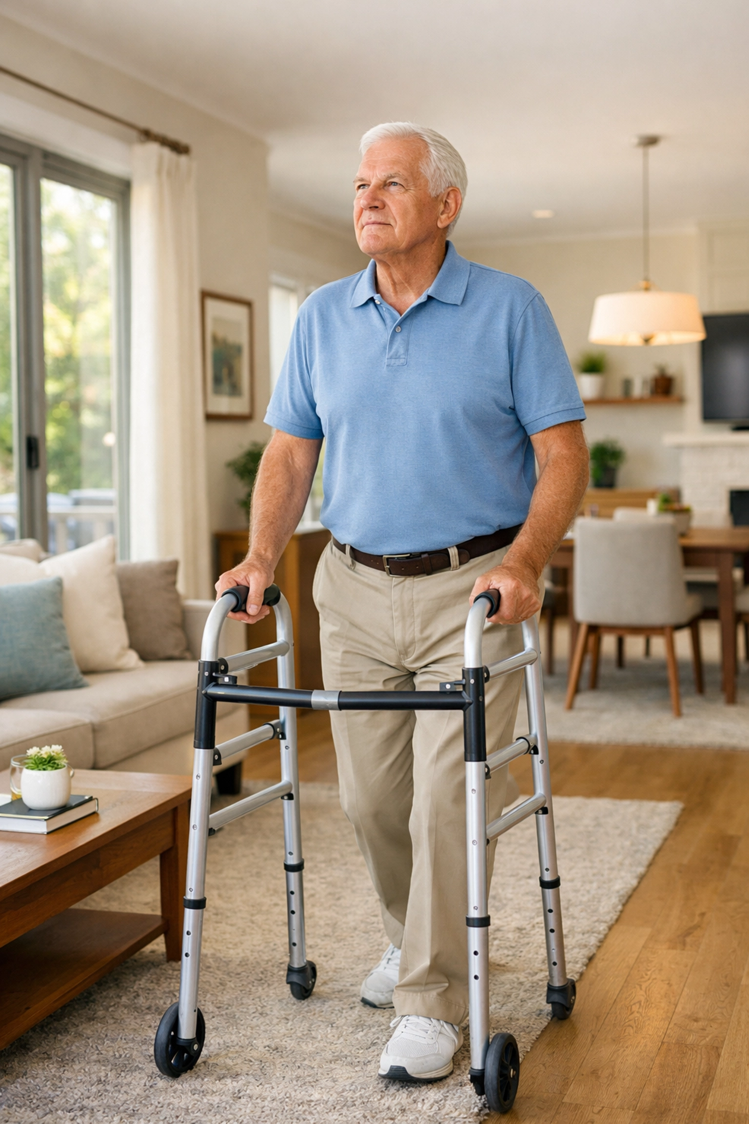 Senior man using a mobility walker while looking straight ahead to maintain safety and balance indoors.