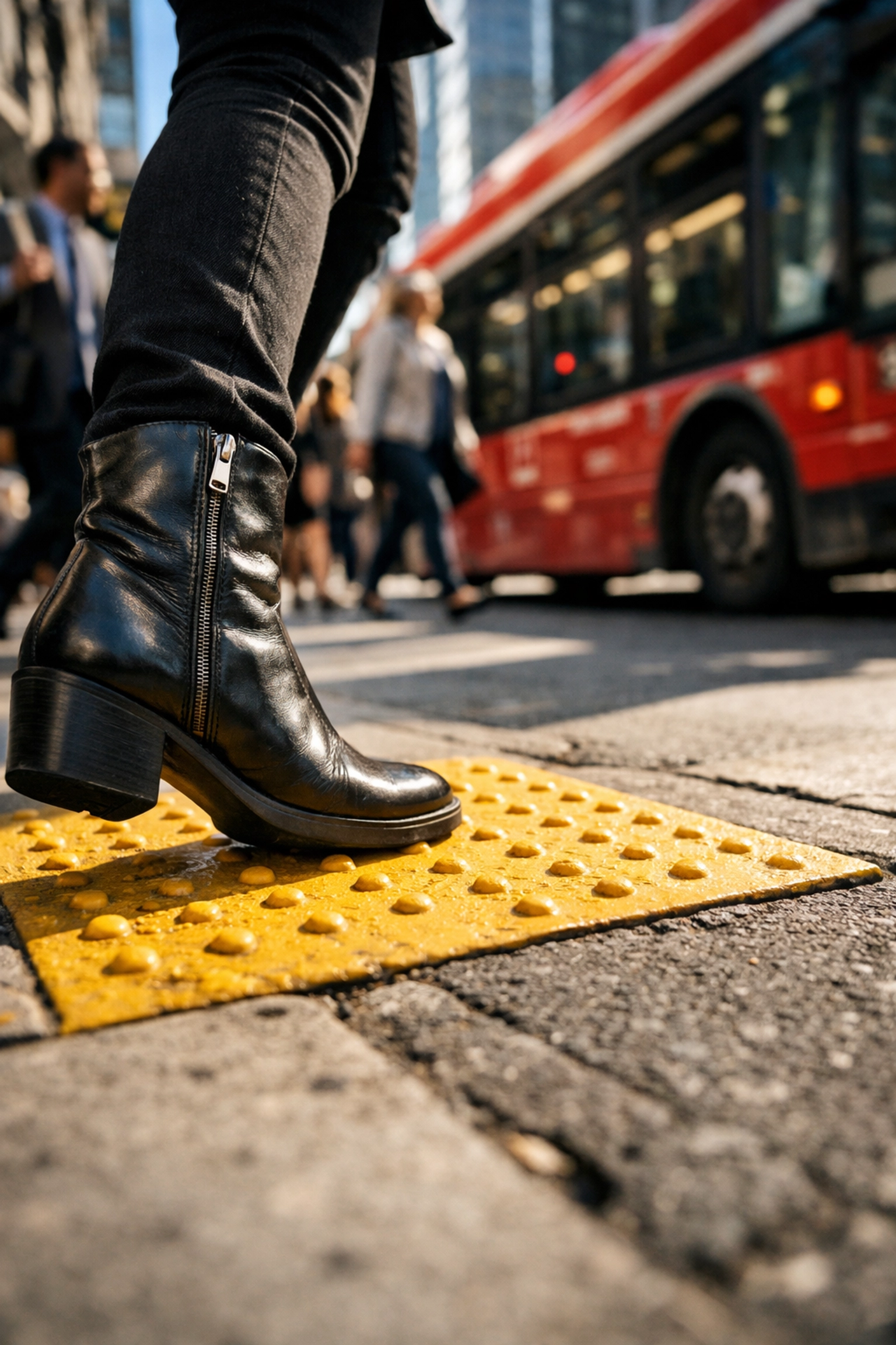 Candid street photography shot from the hip showing boots on a sunny city sidewalk with sharp shadows.