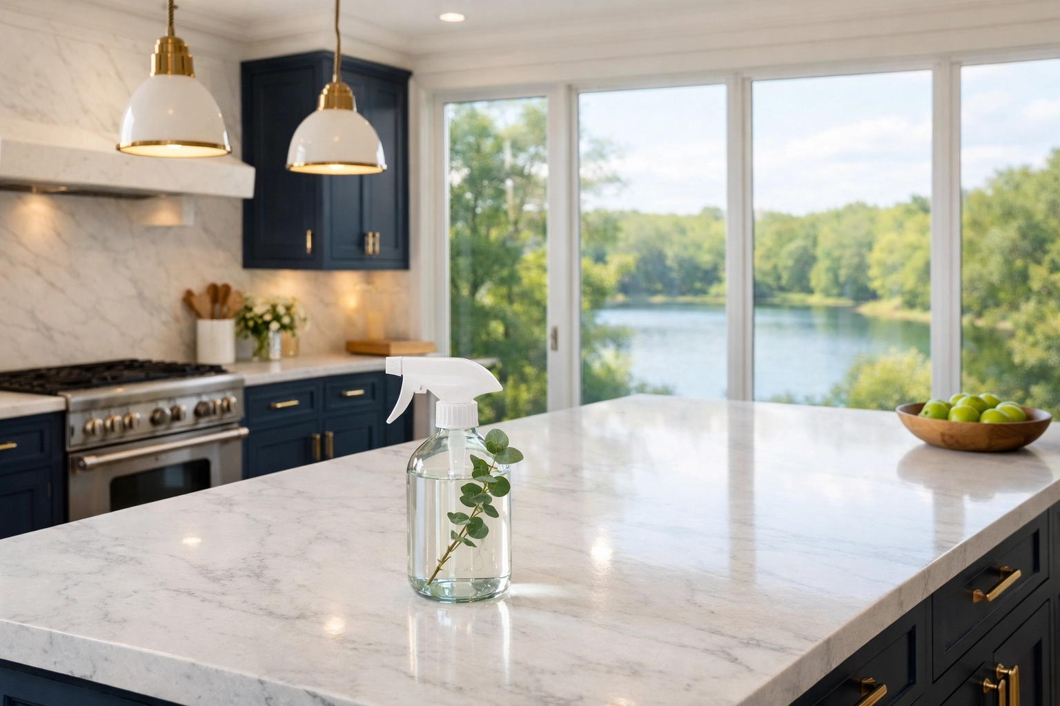 Eco-friendly luxury kitchen cleaning in a Sherborn estate overlooking Farm Pond with non-toxic products.