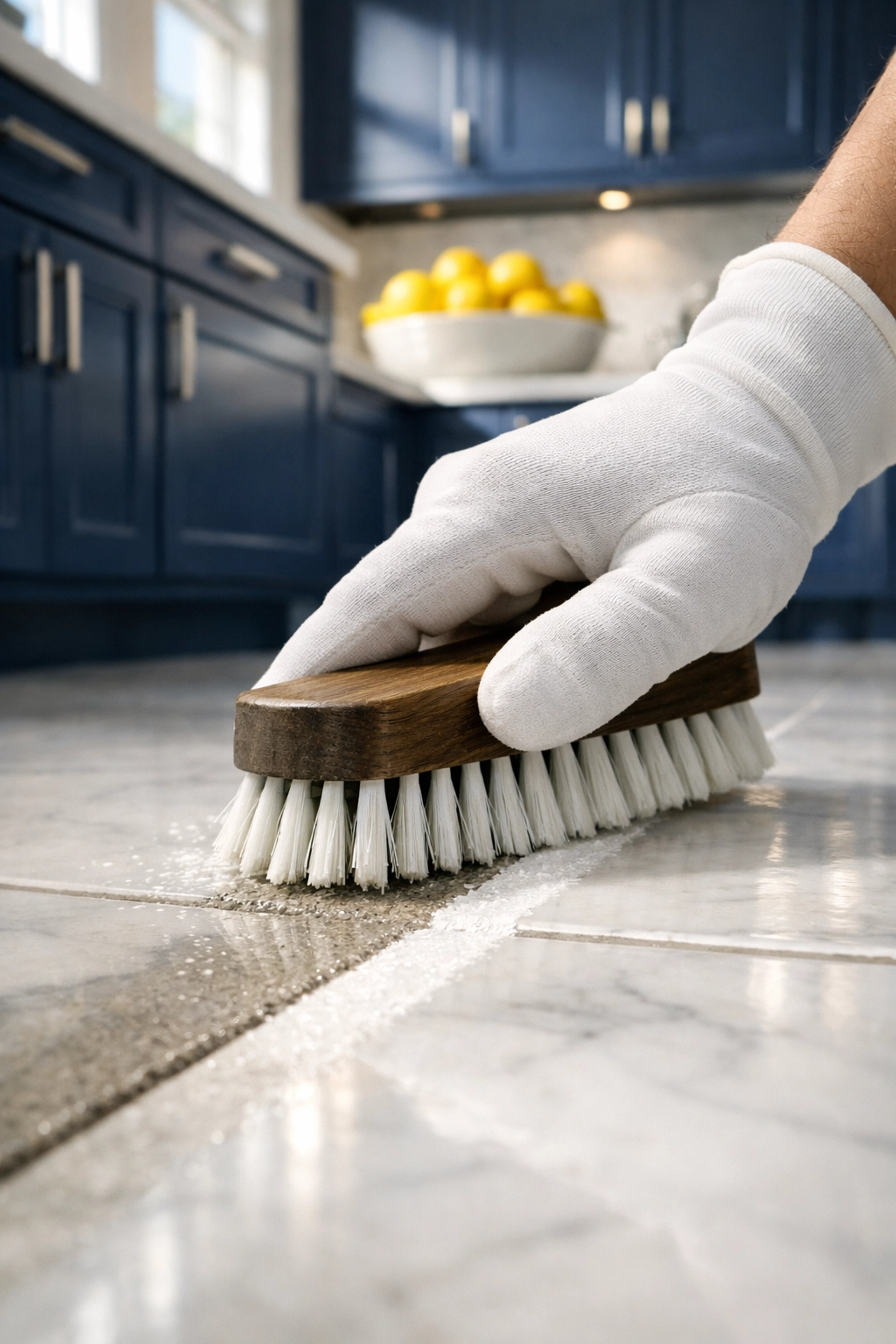 Professional hand scrubbing kitchen tile grout lines to remove deep-seated grime and dirt.