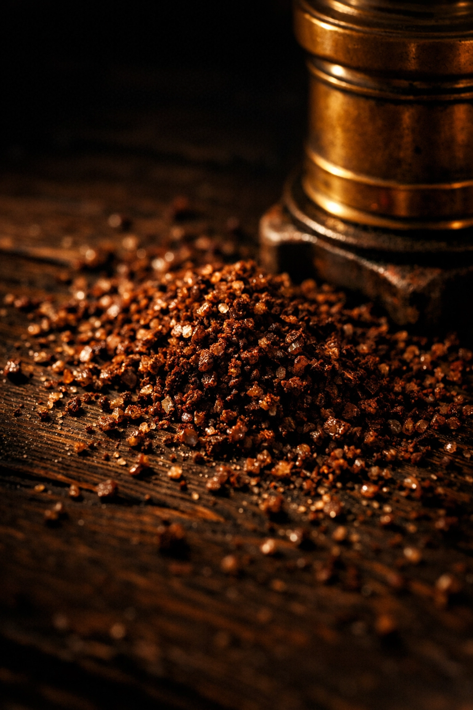 Coarsely ground coffee beans and vintage grinder for perfect cold brew iced coffee