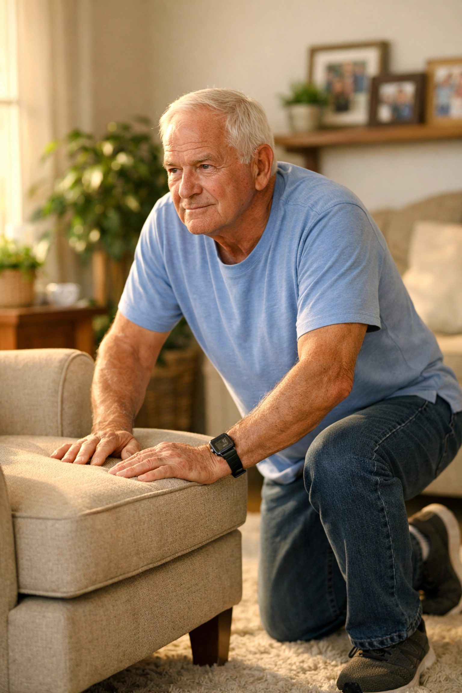 Senior man in half-kneeling position using chair support to safely stand up after a fall