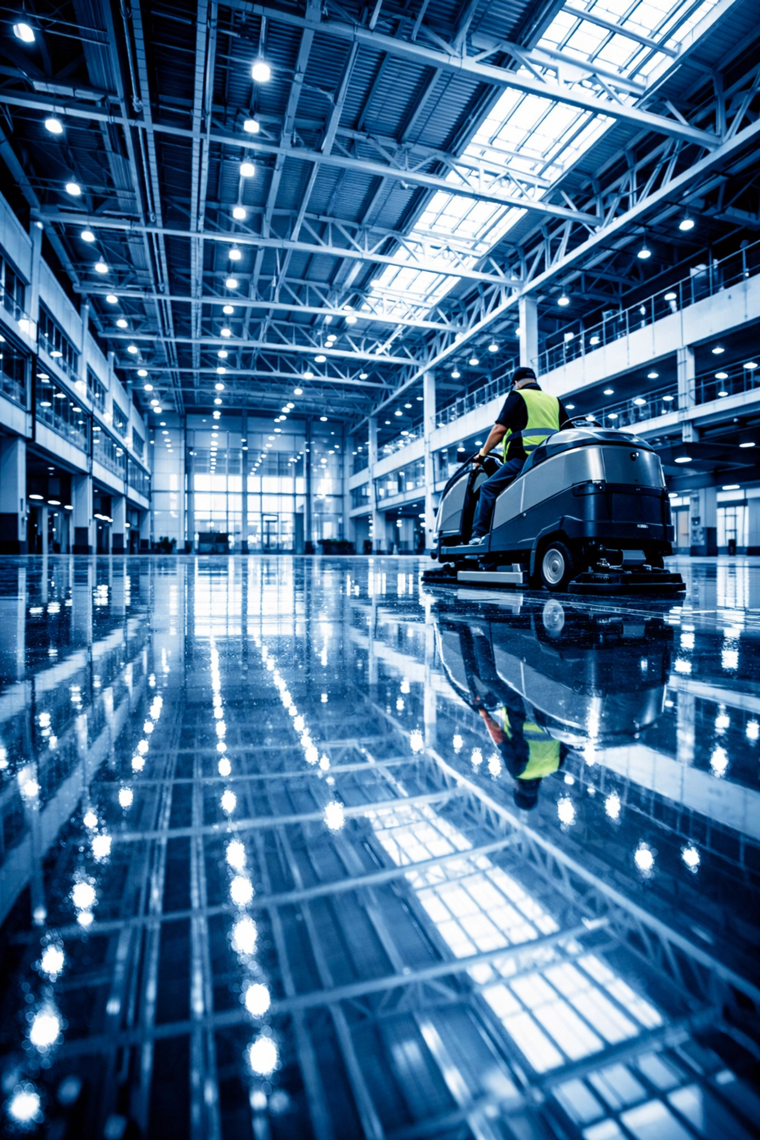 Professional floor scrubbing and maintenance in a large commercial facility in Central Scotland.