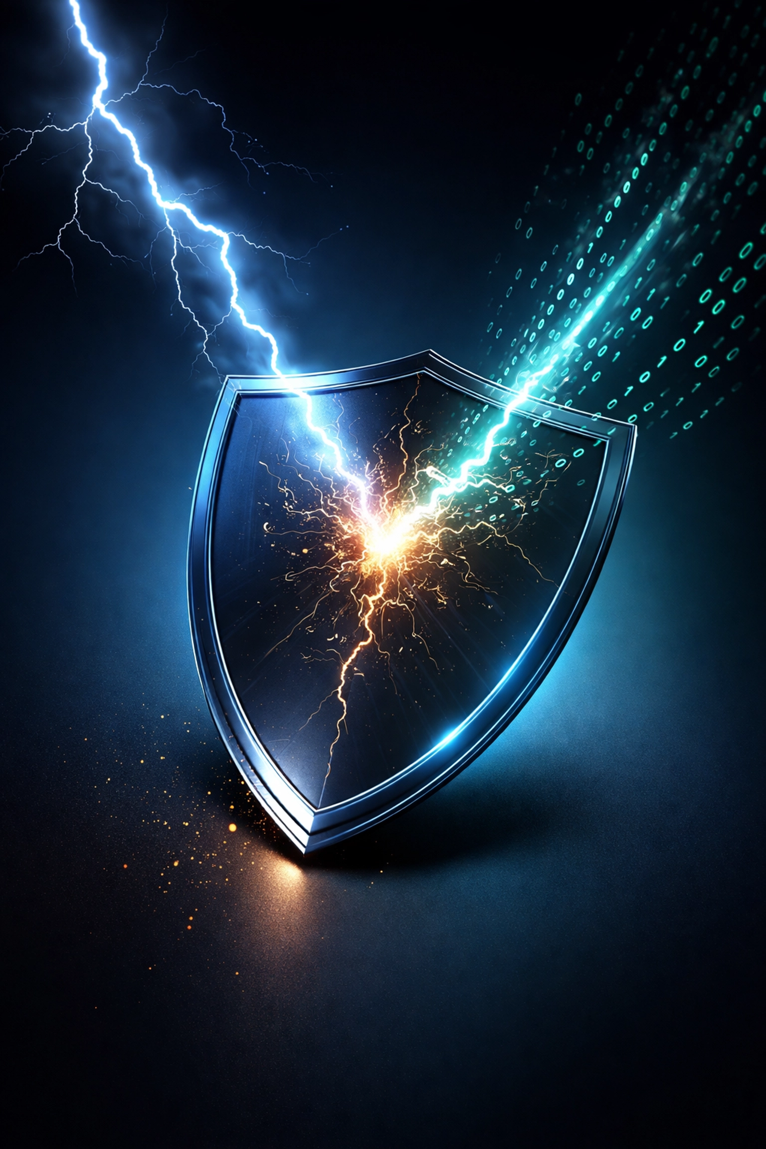 Illustration of a shield struck by lightning and binary code, symbolizing combined weather and cybersecurity threats for organizations.