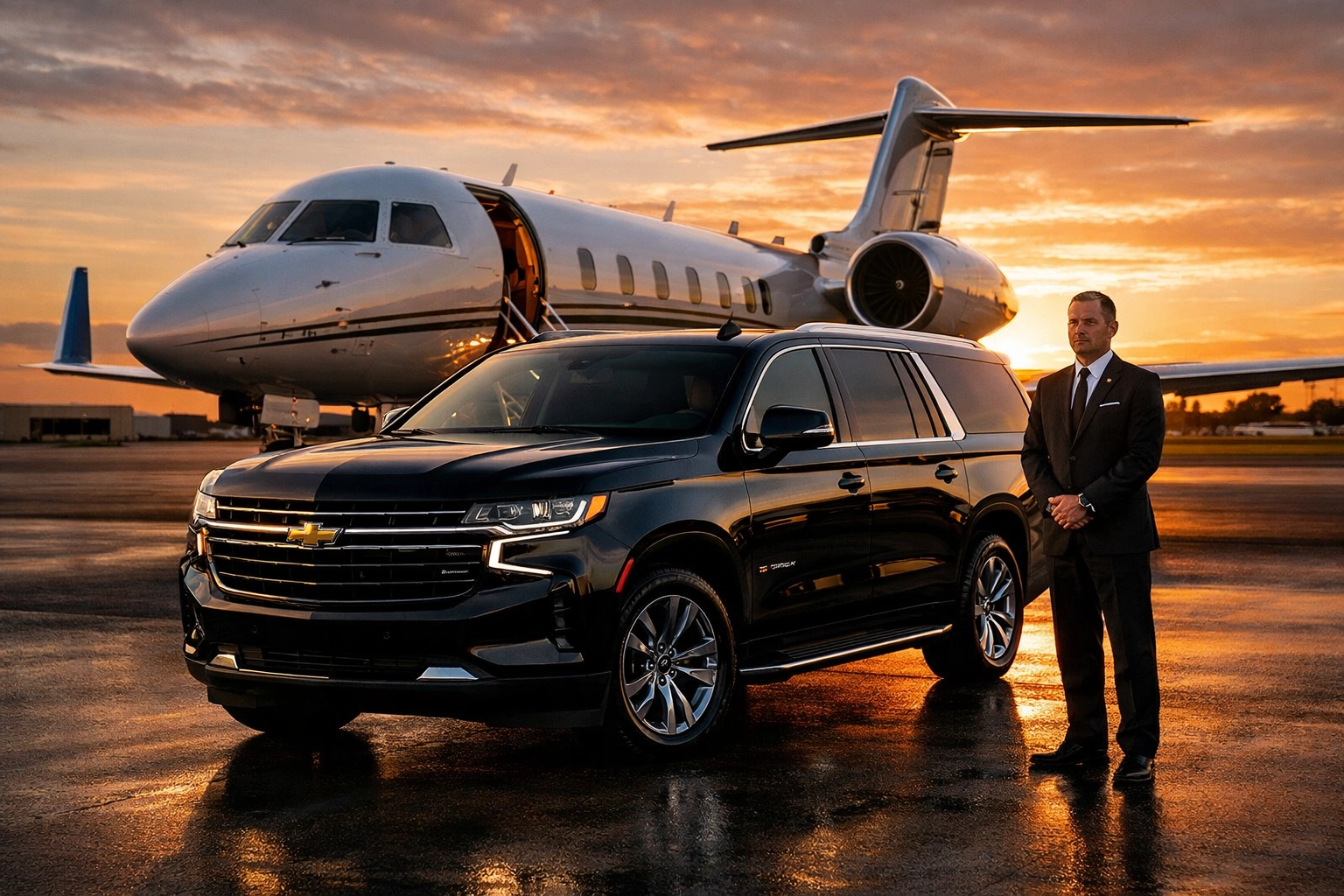Seamless corporate logistics featuring a luxury SUV and private jet for Super Bowl executive travel.