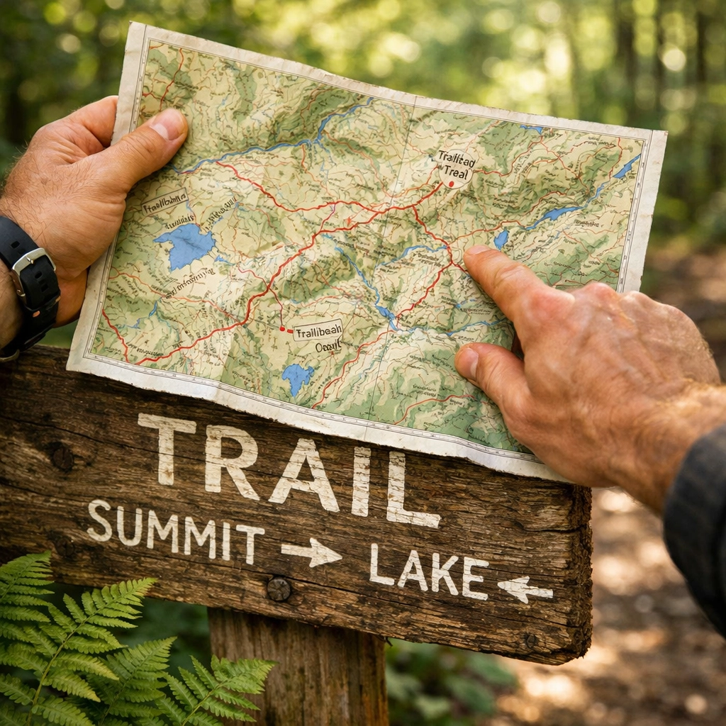 A professional hiking guide uses a map to navigate a lush forest trail in the UK.