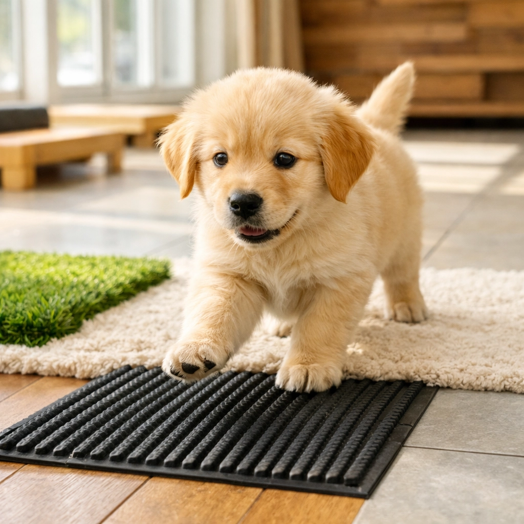 Young Golden Retriever puppy exploring textured surfaces during socialization training in Oregon
