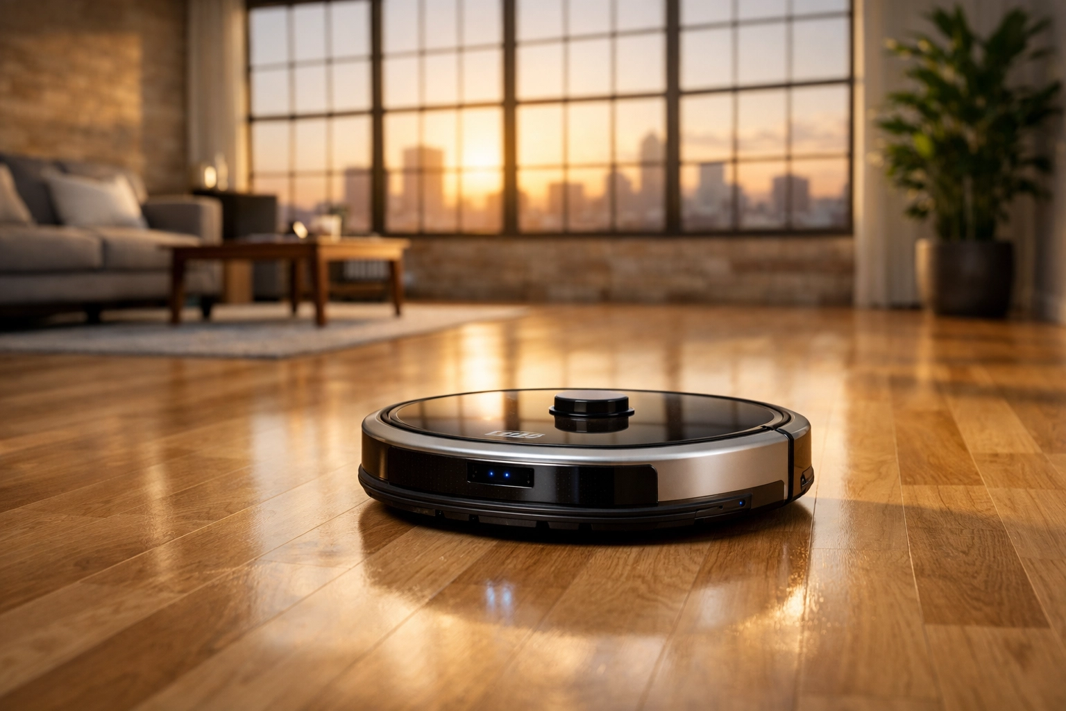 Robot vacuum on hardwood floors in a luxury loft, illustrating time-saving tools for property managers.