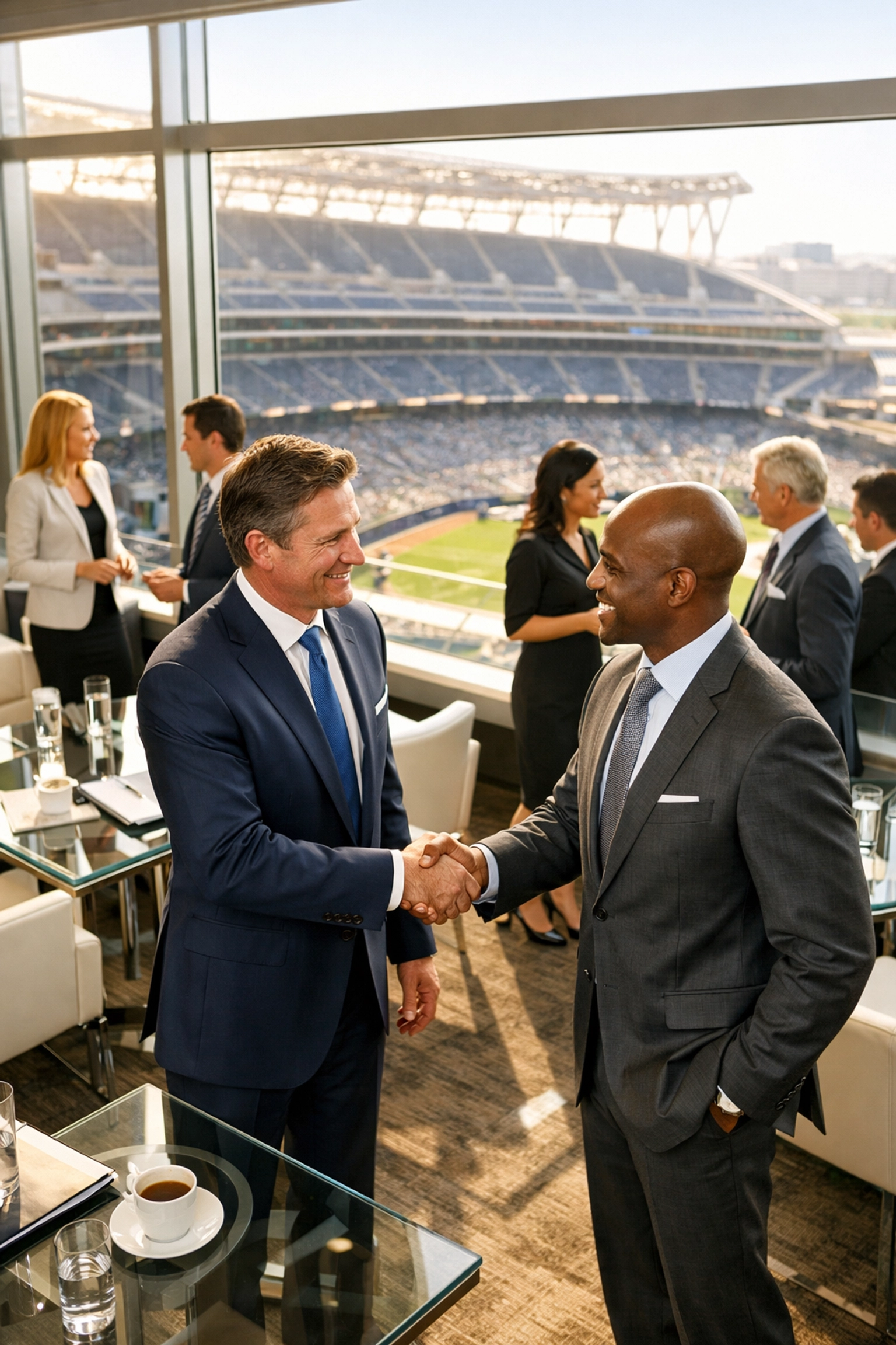 Looking for Super Bowl Logistics Tips? Here Are 10 Things You Should Know for a Smooth Executive Arrival Executive networking and handshake in a luxury lounge overlooking Levi