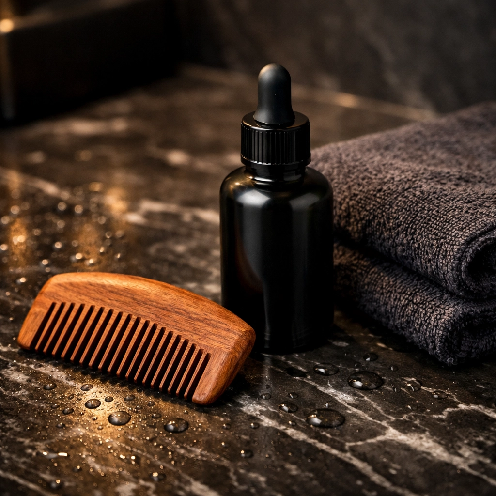 Professional beard grooming tools including a sandalwood comb and oil on a clean countertop.