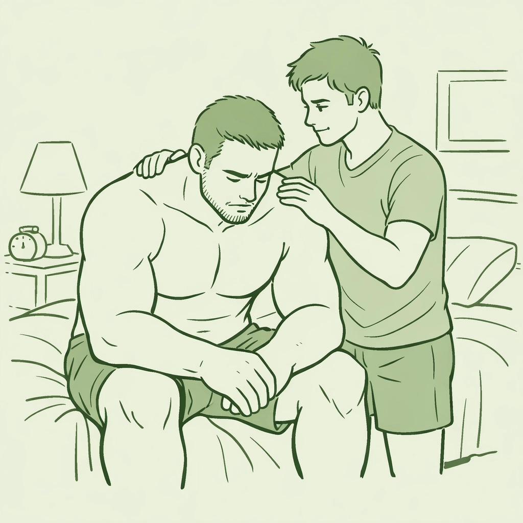 MM bodyguard romance showing emotional support, smaller partner comforting larger man
