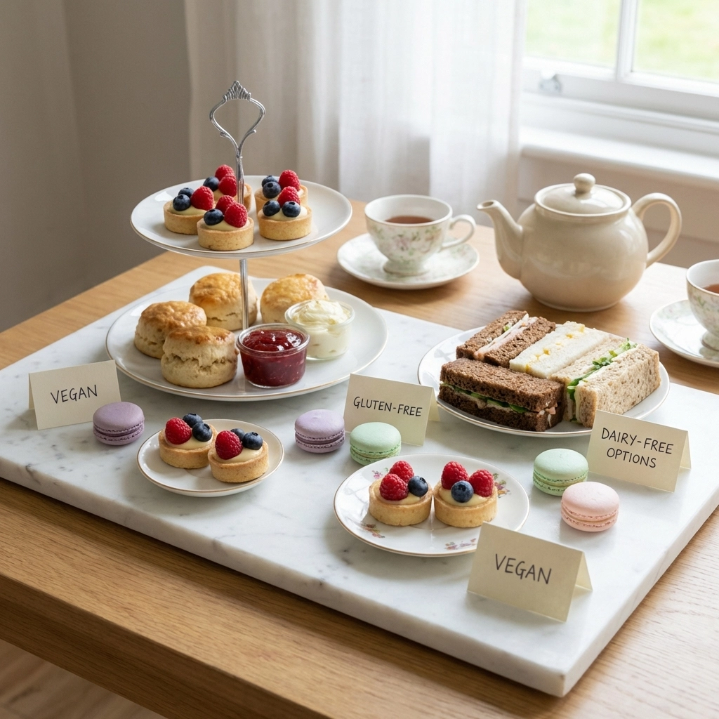 Diverse afternoon tea spread featuring vegan tarts, gluten-free scones, and labeled dietary options