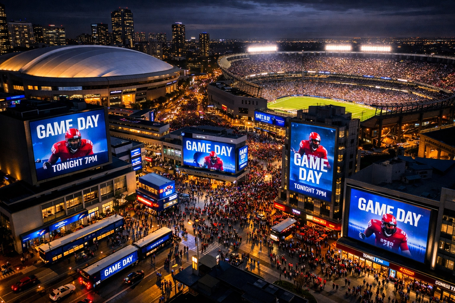 Sports district at night featuring multiple DOOH screens as fans walk to the stadium