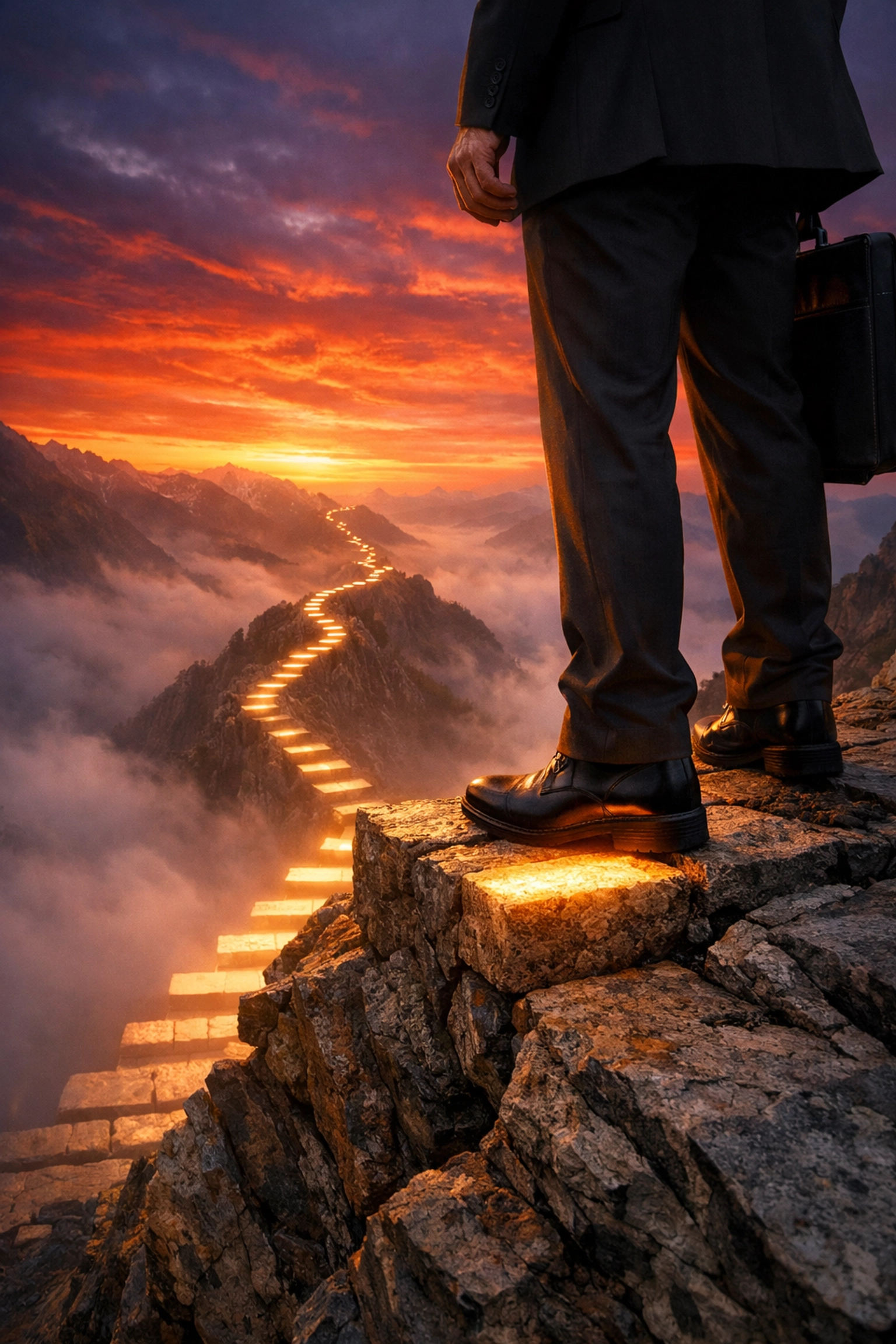 Entrepreneur at a mountain summit at sunrise reflecting on consistency and the path to a winning business mindset.