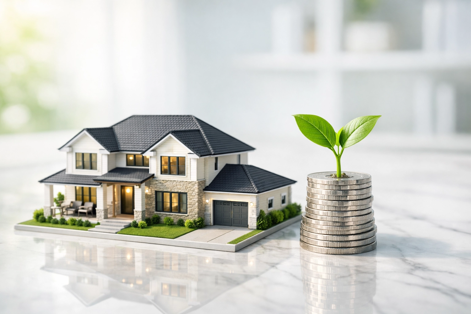 Architectural model of an Atlanta home with coins and a growing plant, symbolizing DSCR loan cash flow.