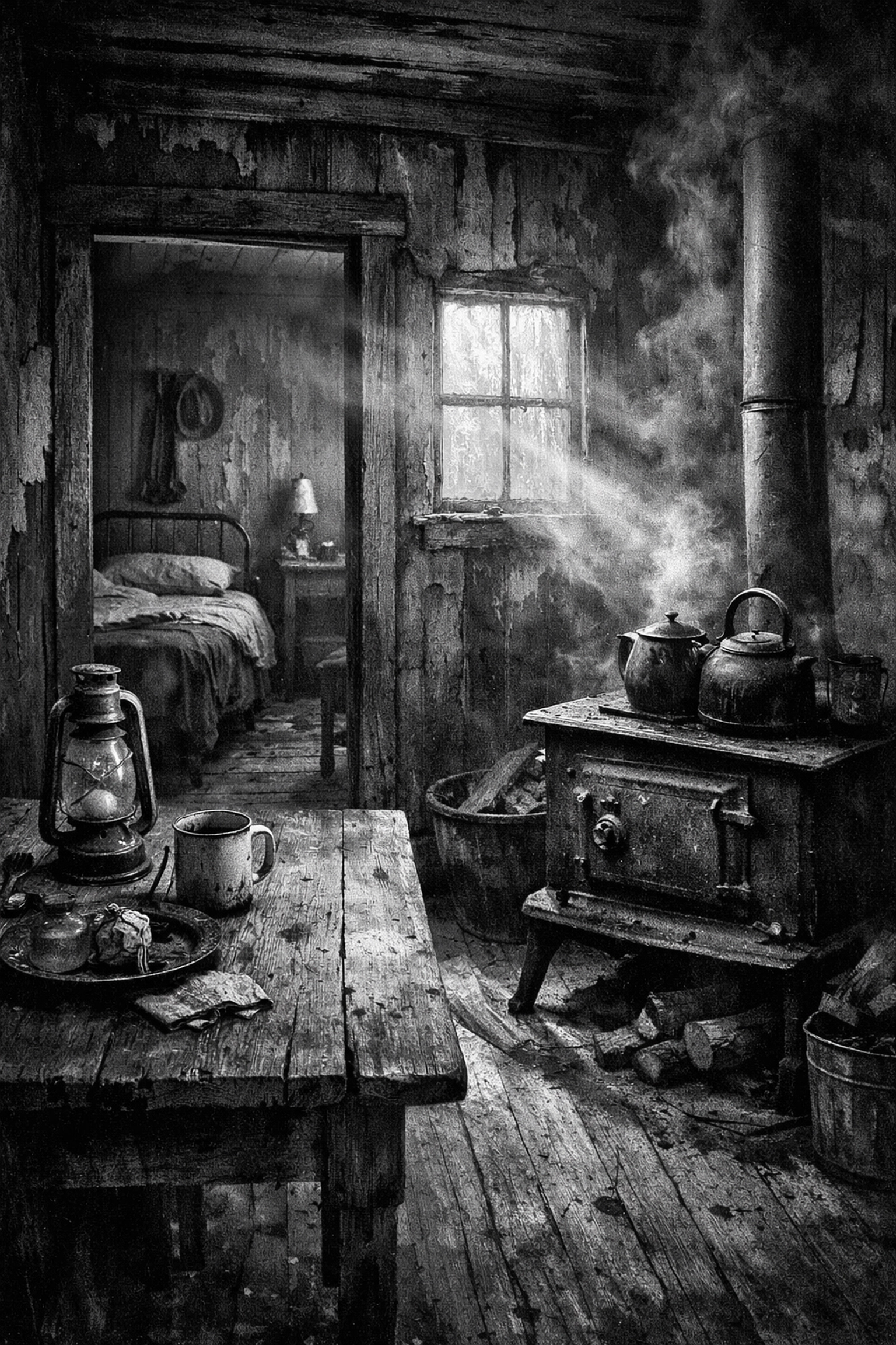 Interior of a humble 1930s Southern shotgun house in Tupelo, Mississippi, childhood home of Elvis Presley.