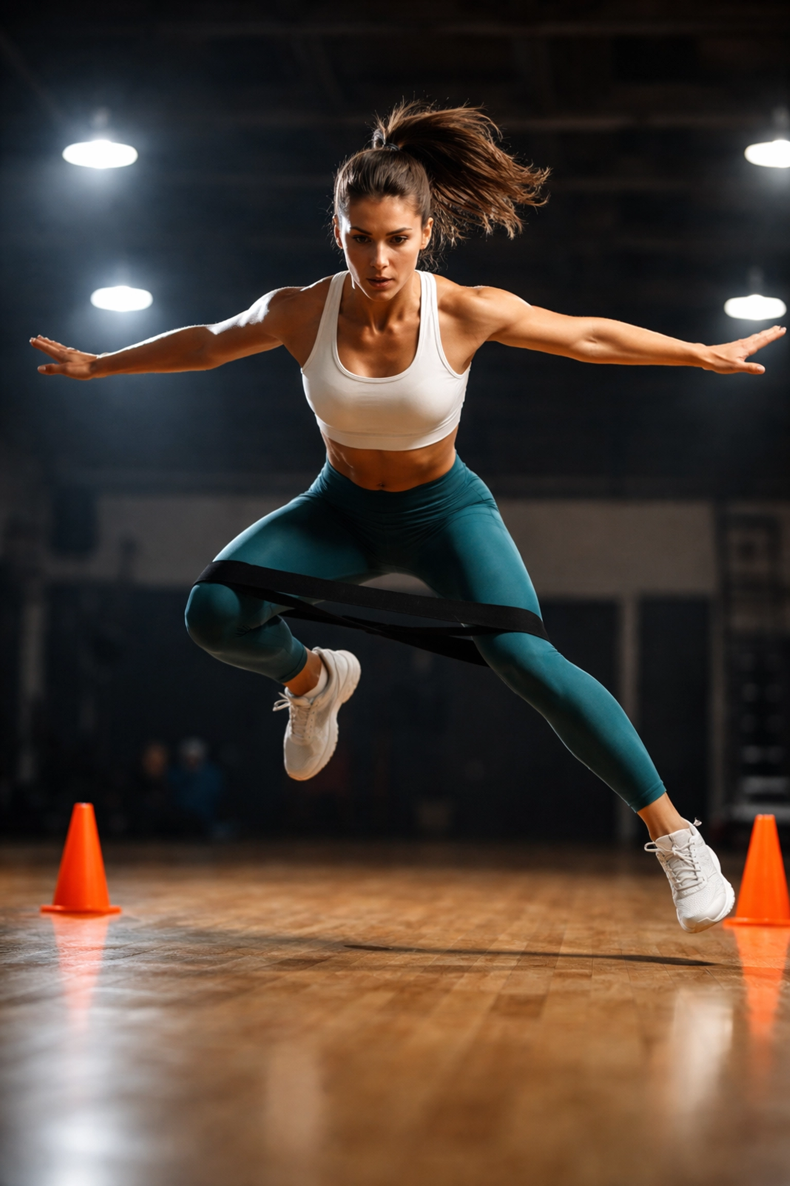Female athlete mid-air in a lateral power jump with resistance band and cones, demonstrating explosive lateral speed