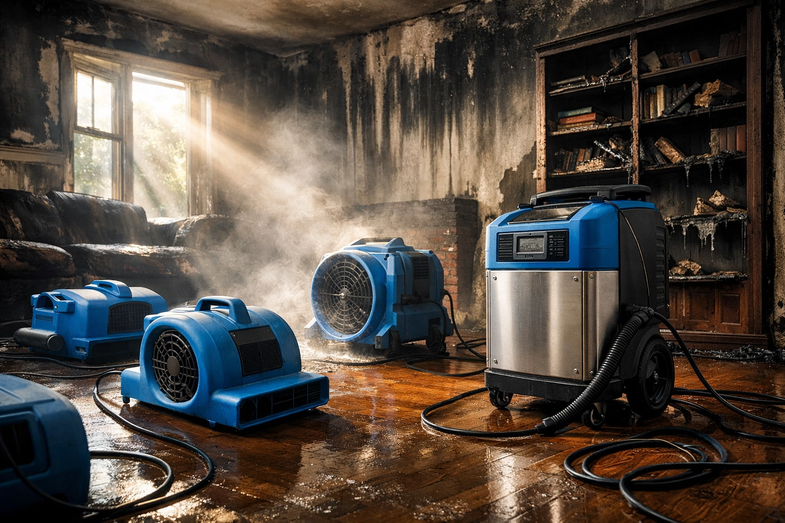 Professional air movers and drying equipment in a fire-damaged room for water damage restoration.