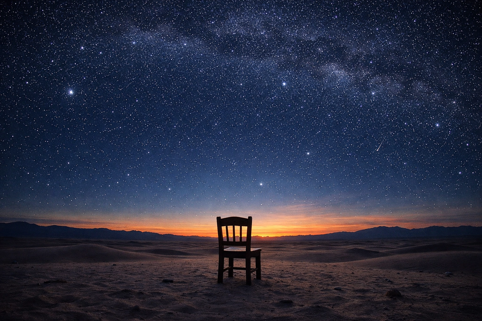 An empty chair in a quiet desert under a starlit sky, symbolizing a soul's search for God and spiritual peace.