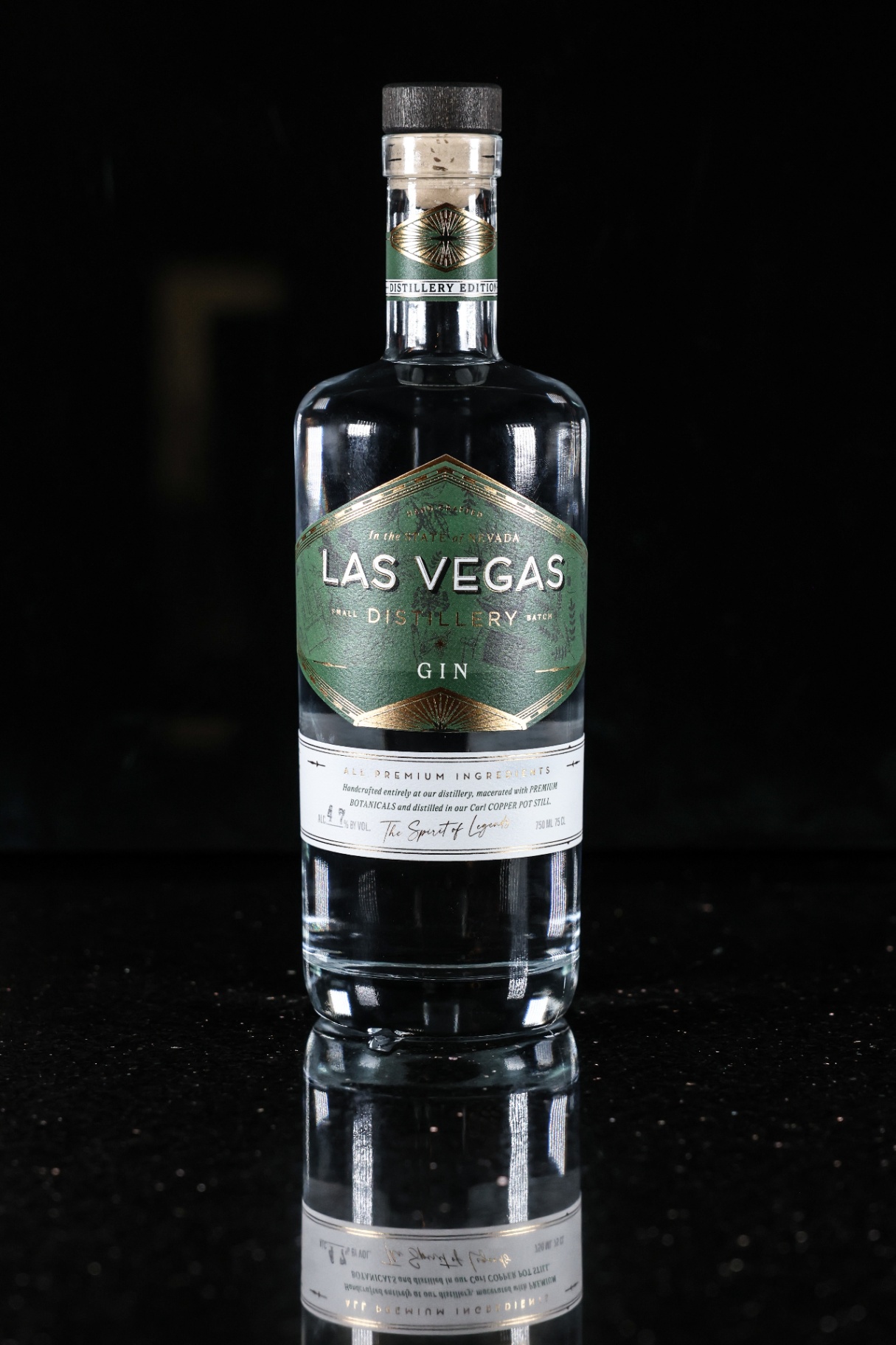 Las Vegas Distillery Small Batch Gin featuring a green and gold label