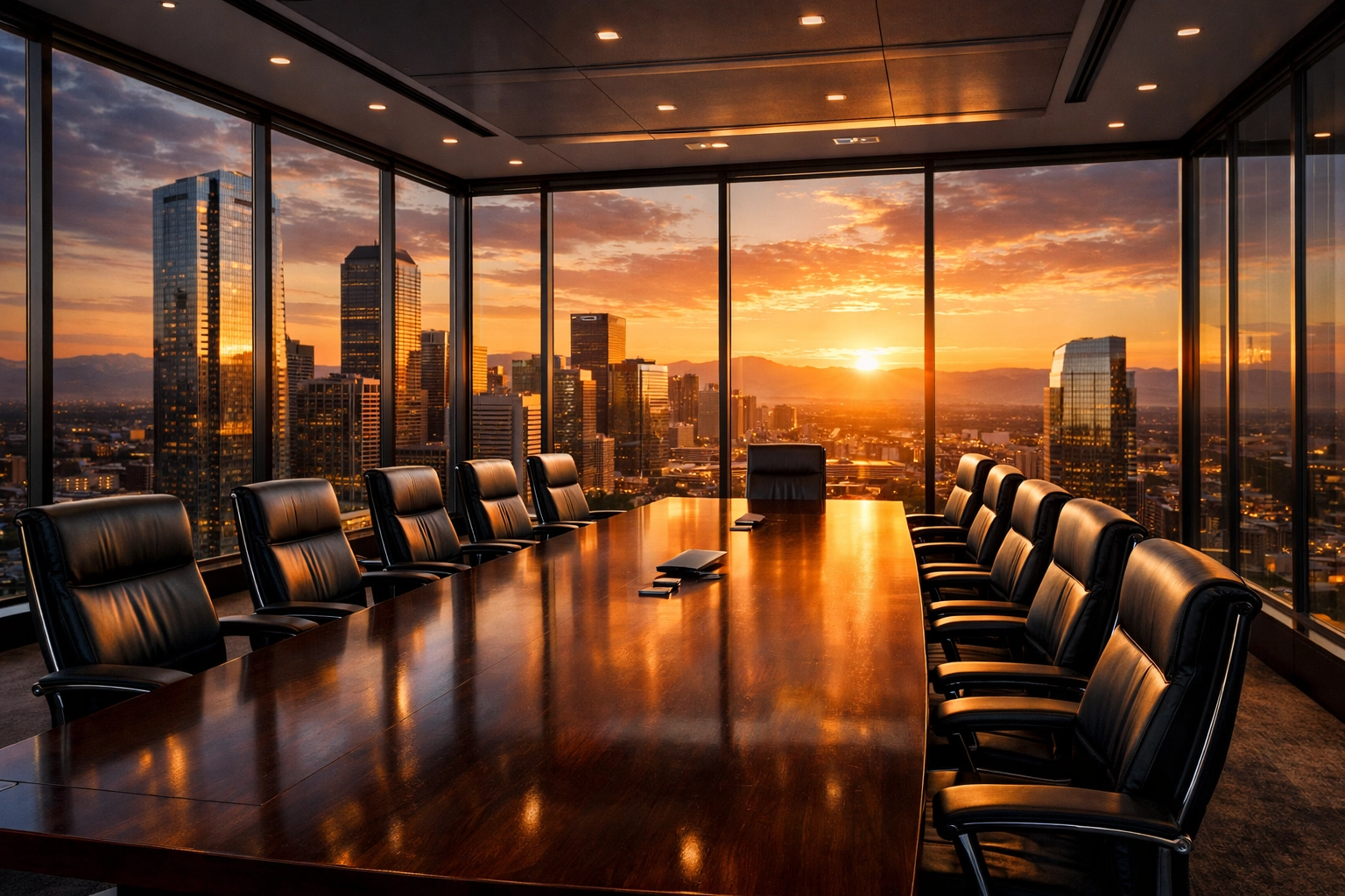 A modern corporate boardroom with a city view symbolizing the stability of Dakdan Worldwide.
