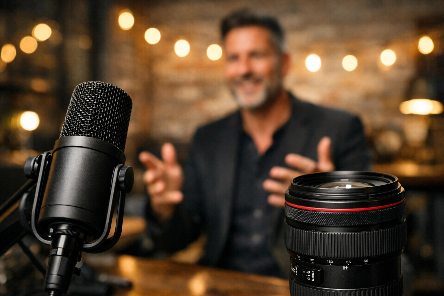 A CEO recording a podcast or LinkedIn Live event in a professional studio to humanize their brand.