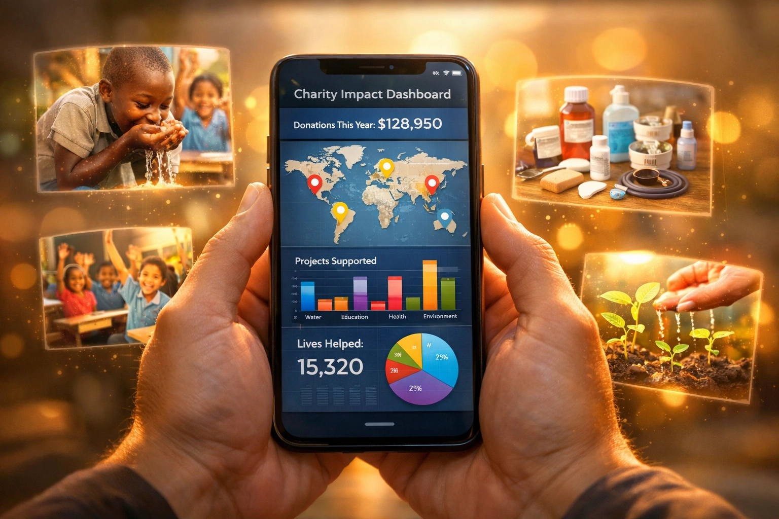 Mobile charity impact dashboard tracking global donations and humanitarian aid in real-time