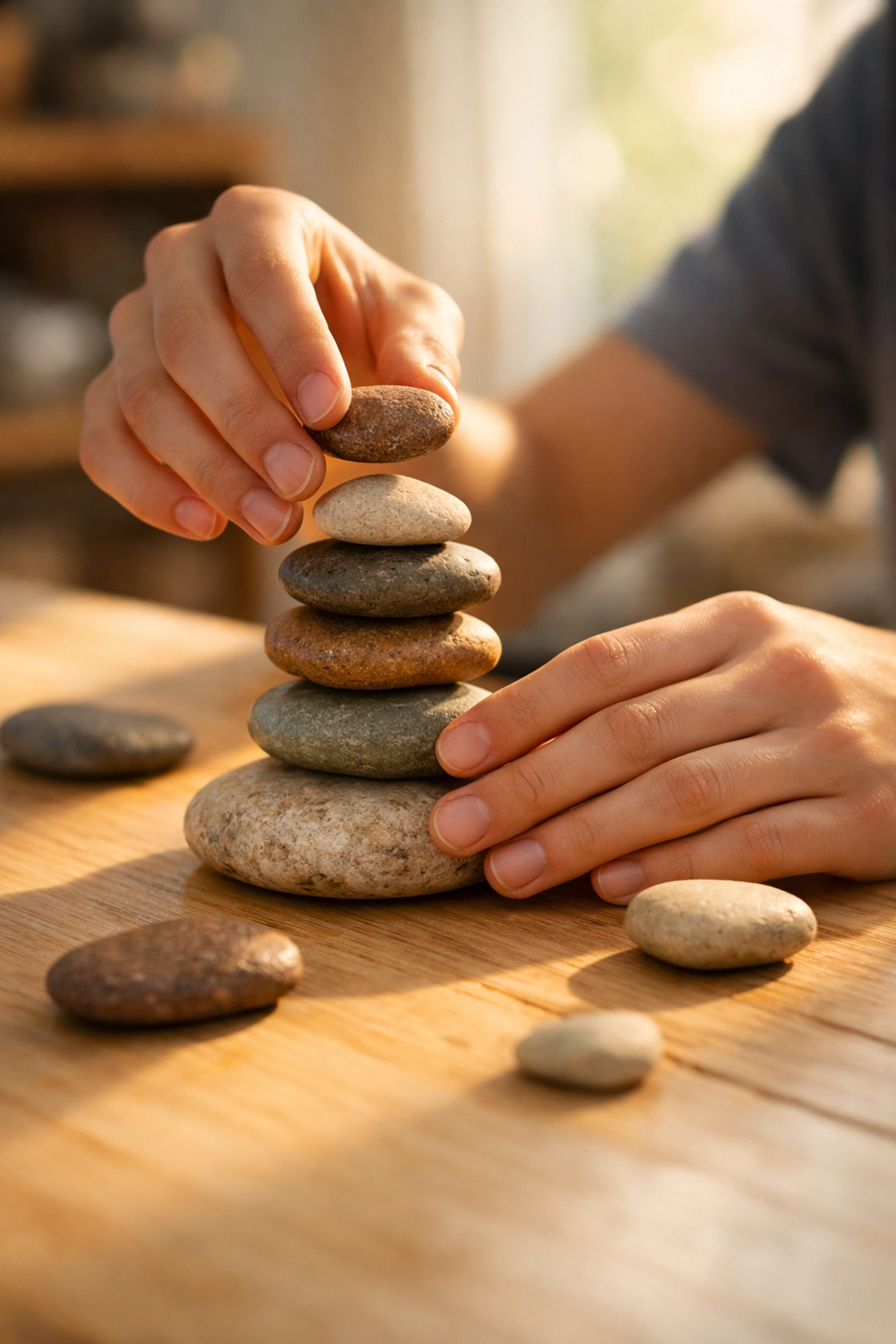 Close-up of hands stacking stones, representing grounding techniques used in holistic parenting therapy.
