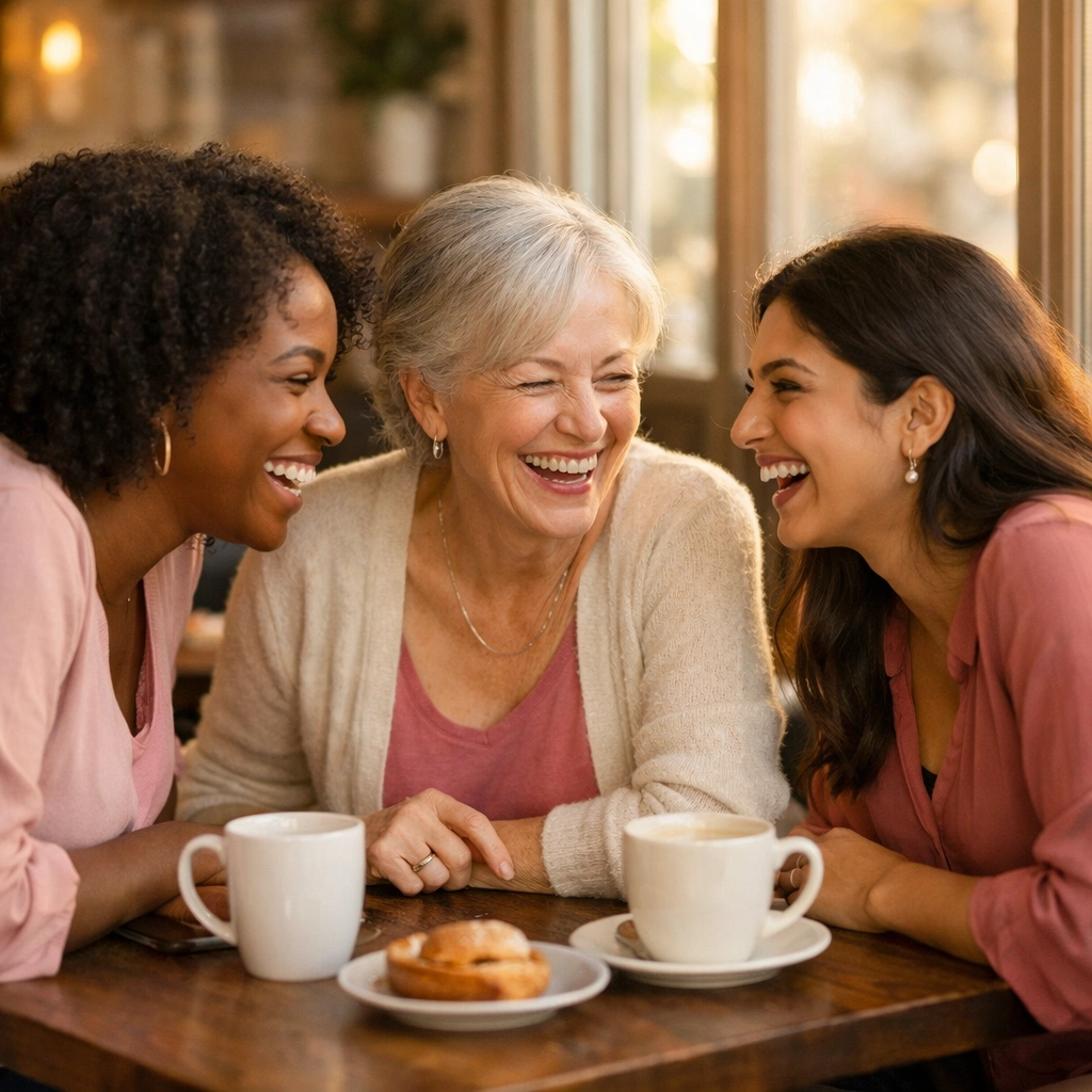 Authentic conversation between women building trust and connection in coffee shop setting