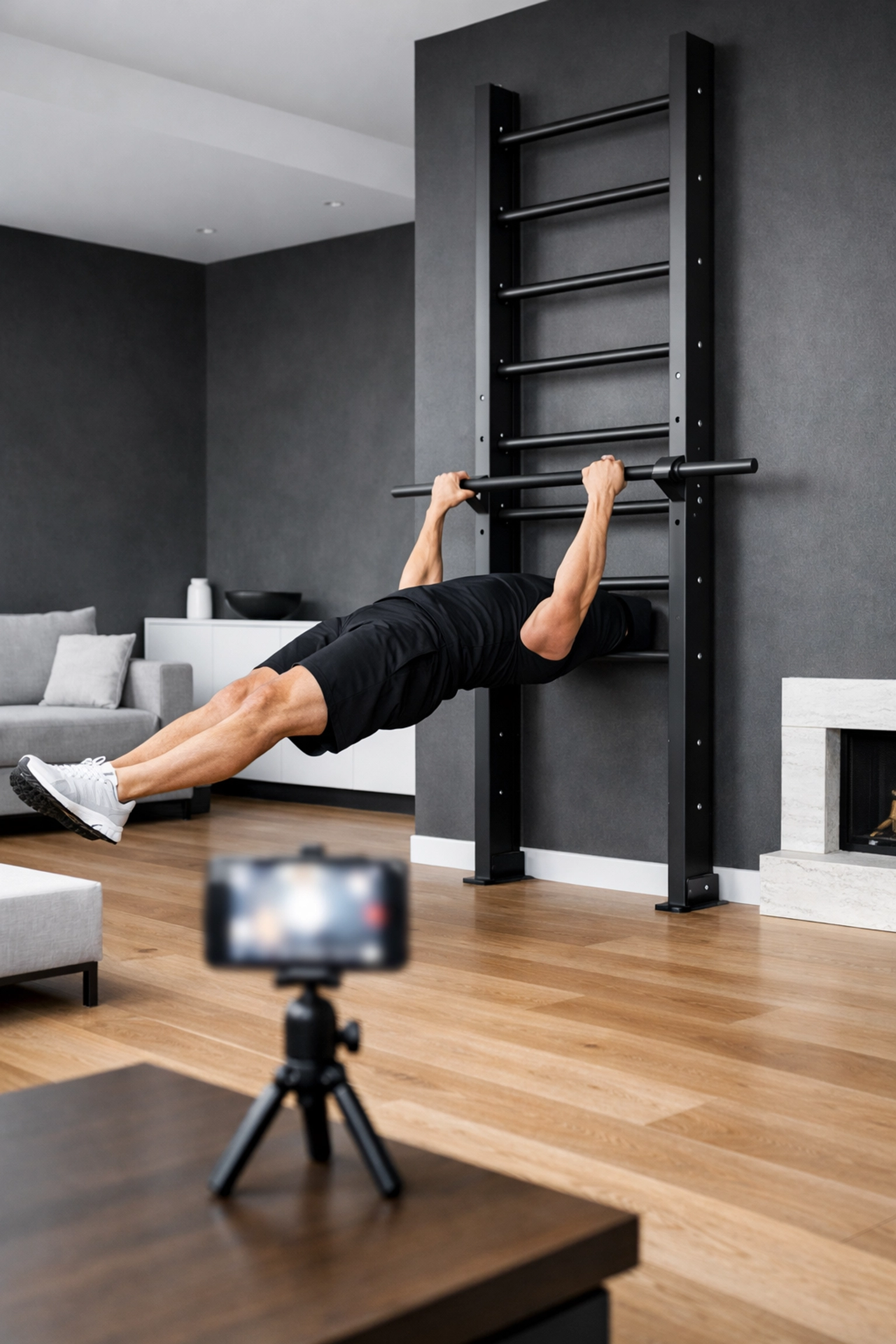 Inverted rows performed on a floor to ceiling gym rail for home resistance training.