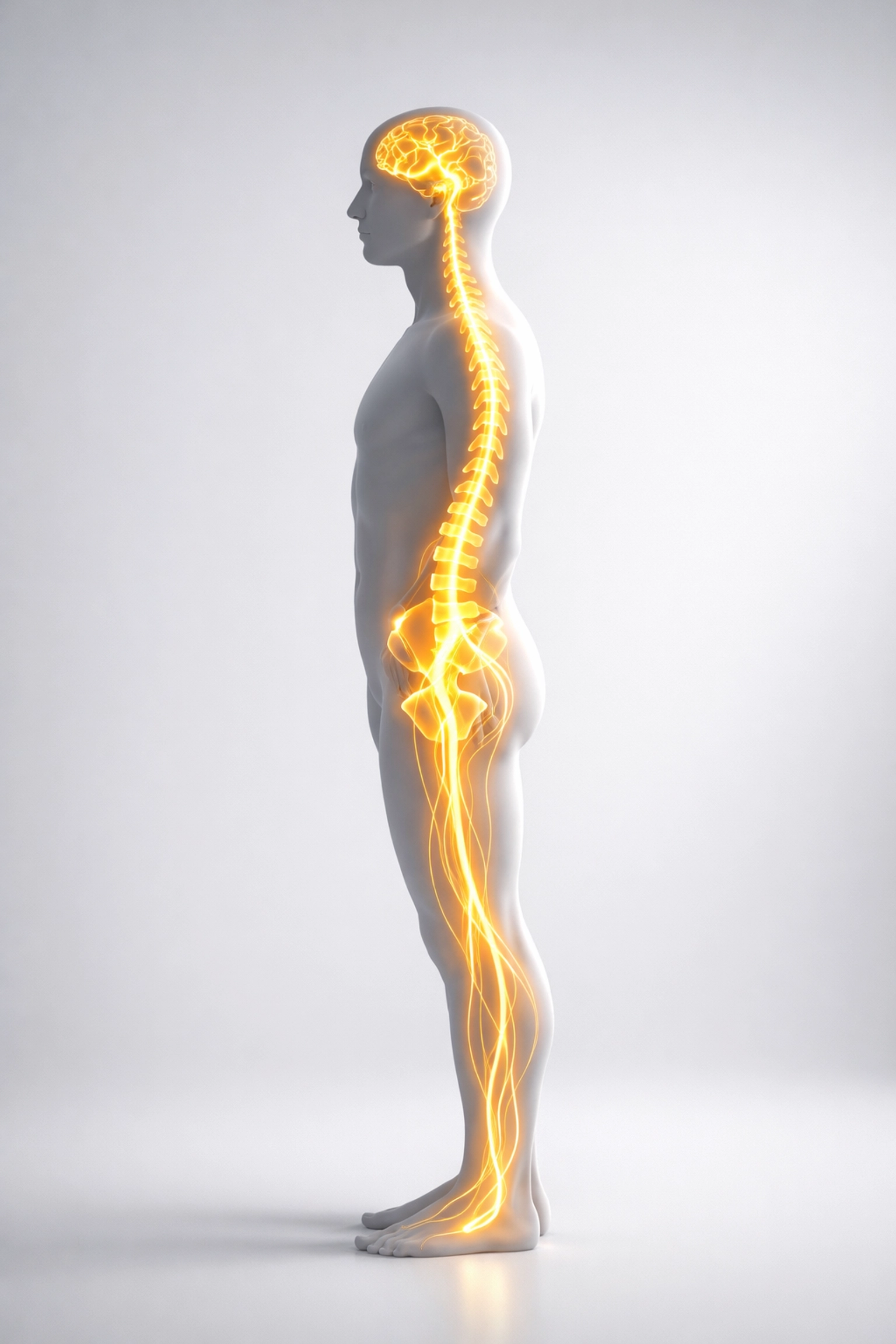 Profile of a balanced human spine and neural pathways representing neuromuscular stabilization and sciatica healing.