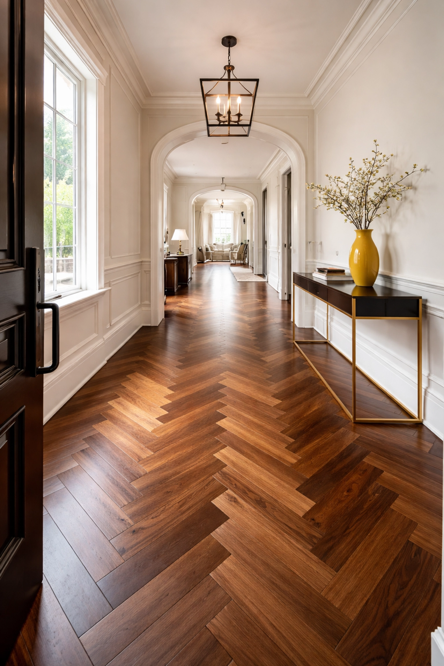 Chevron-pattern hardwood floor in an elegant Chicago entryway, highlighting premium installation and luxury appeal.