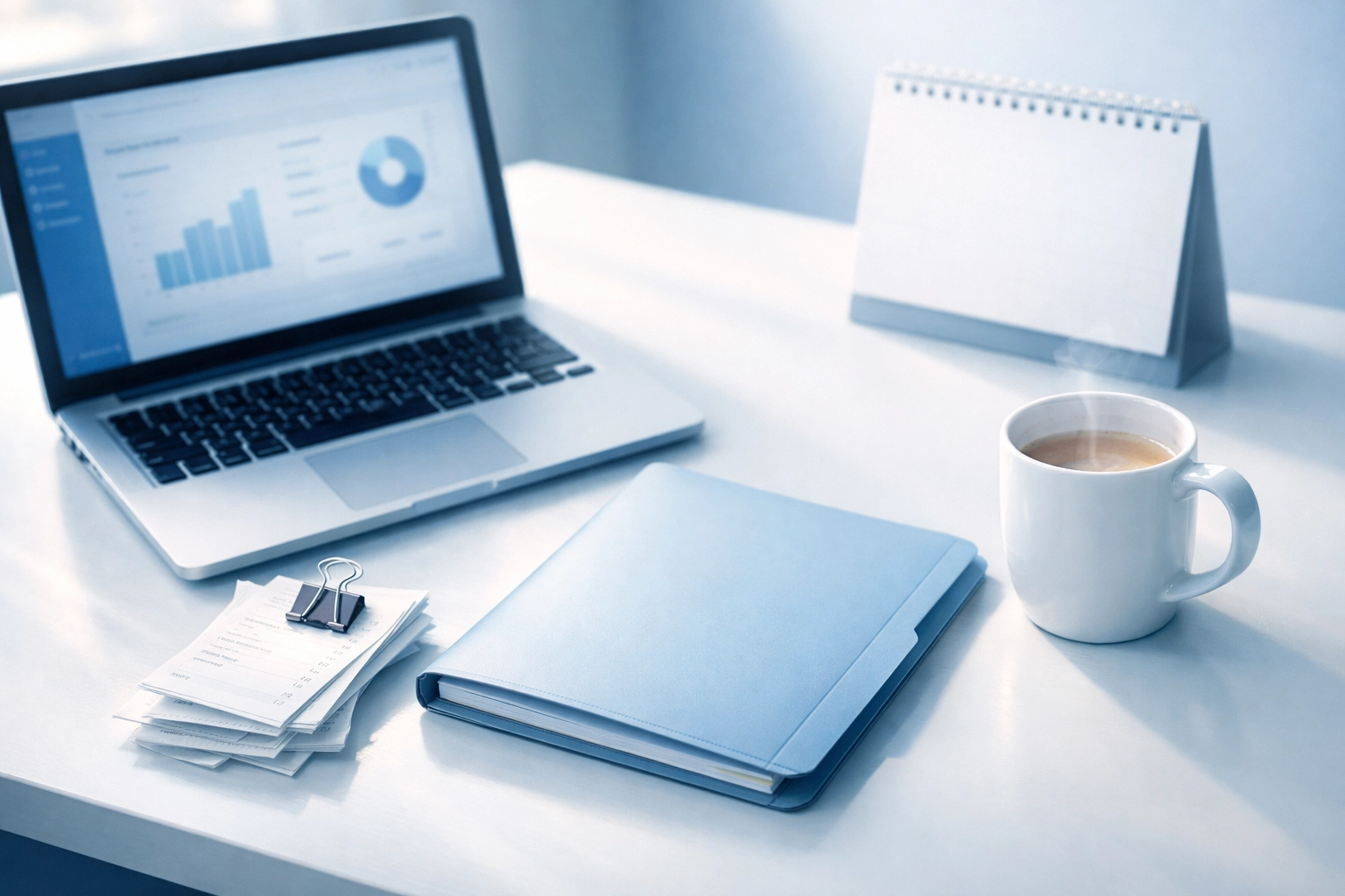 Organized office desk with receipts and laptop for stress-free small business bookkeeping.