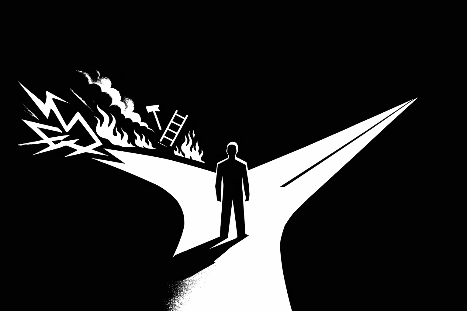 Leader at crossroads choosing between chaotic firefighting path and systematic leadership approach