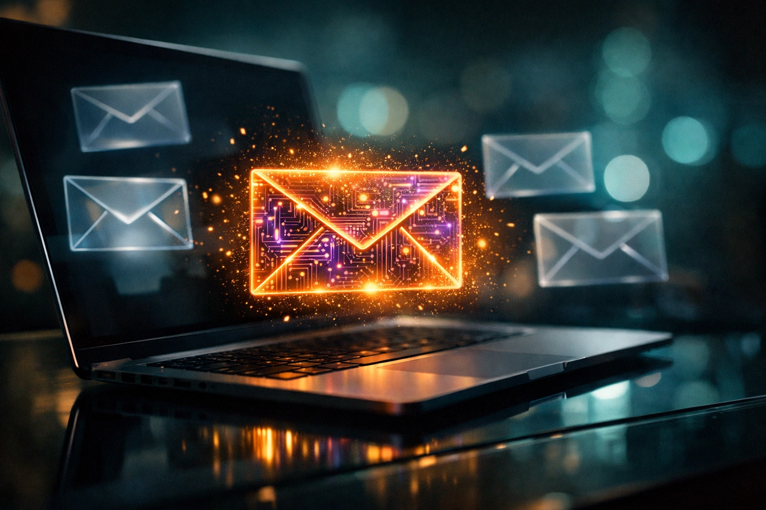 Laptop displaying a glowing holographic envelope symbolizing hyper-personalized AI email outreach for sales.