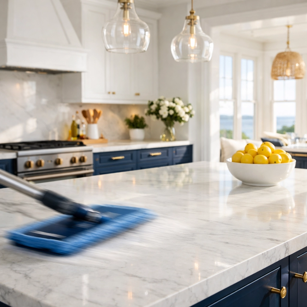 Pristine kitchen with marble counters showing luxury house cleaning in Marblehead with ninja efficiency.