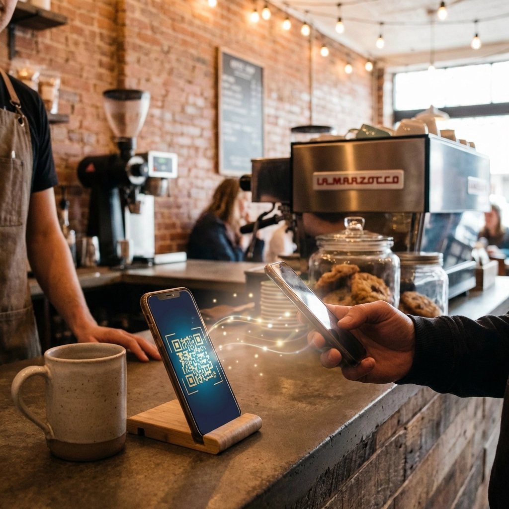 Customer scans QR code for instant cryptocurrency payment at a cozy coffee shop, showcasing crypto POS simplicity