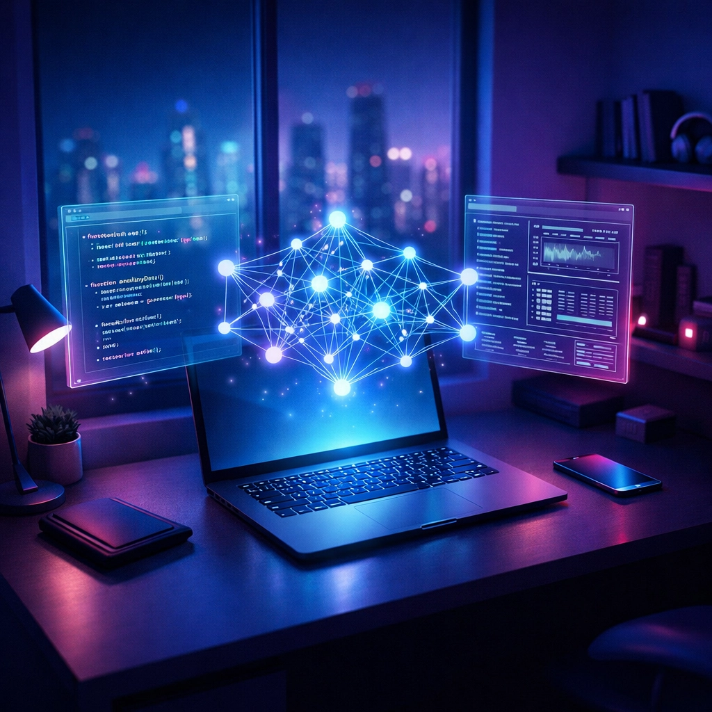 A modern home office displaying a laptop with holographic AI code and neural network interfaces.