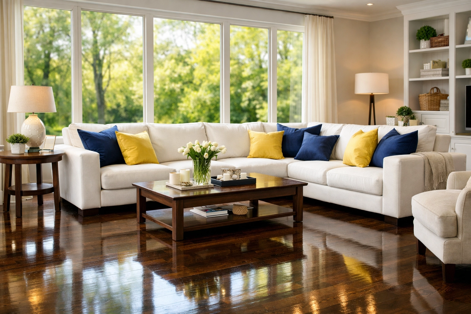 Sunlit luxury living room in Shrewsbury showcasing a healthy home after eco-friendly house cleaning.