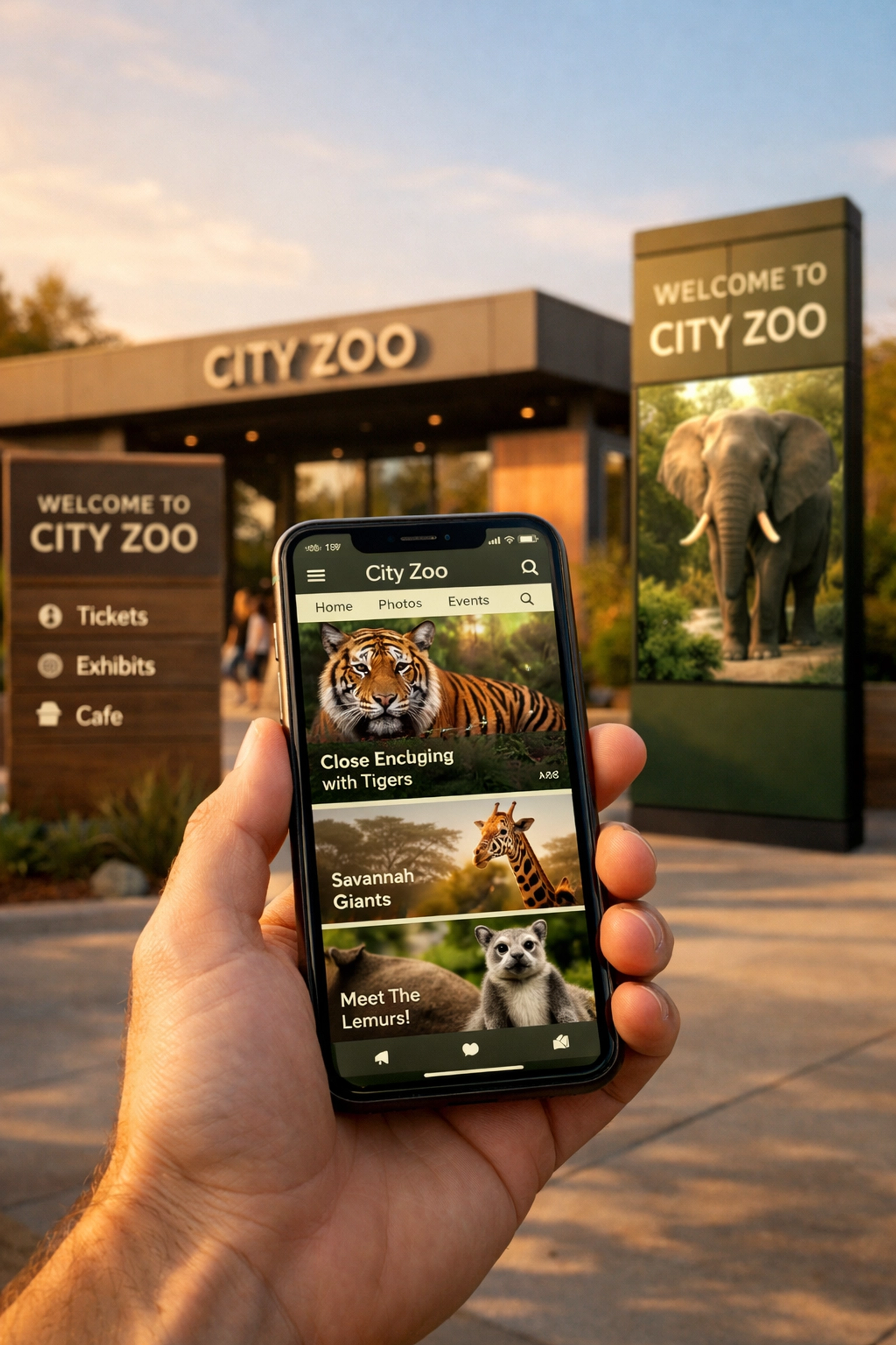 A smartphone showing zoo branding content in front of matching physical wayfinding signage at a modern entrance.