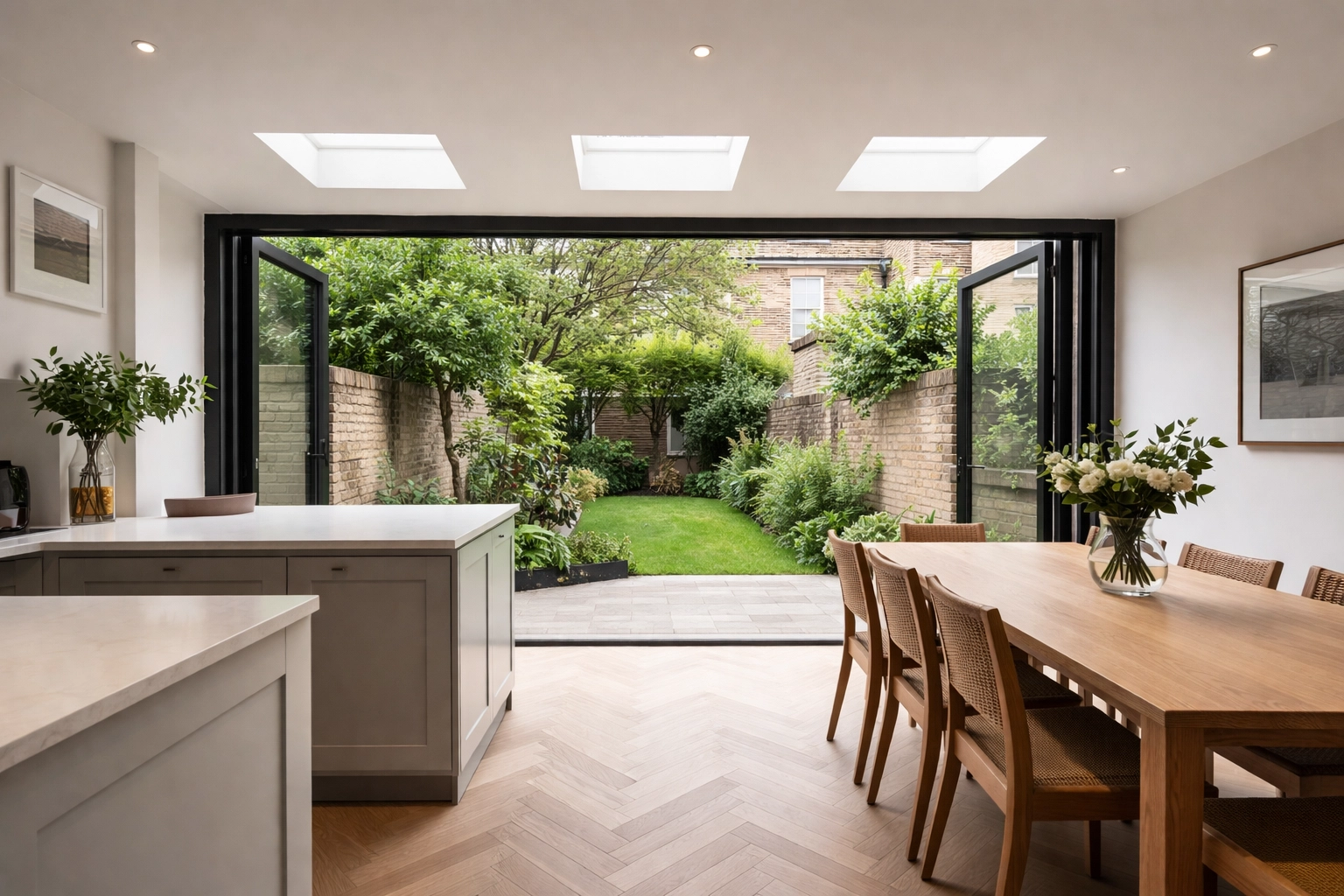 Rear extension with bi-fold doors connecting kitchen to garden in an East London Victorian home