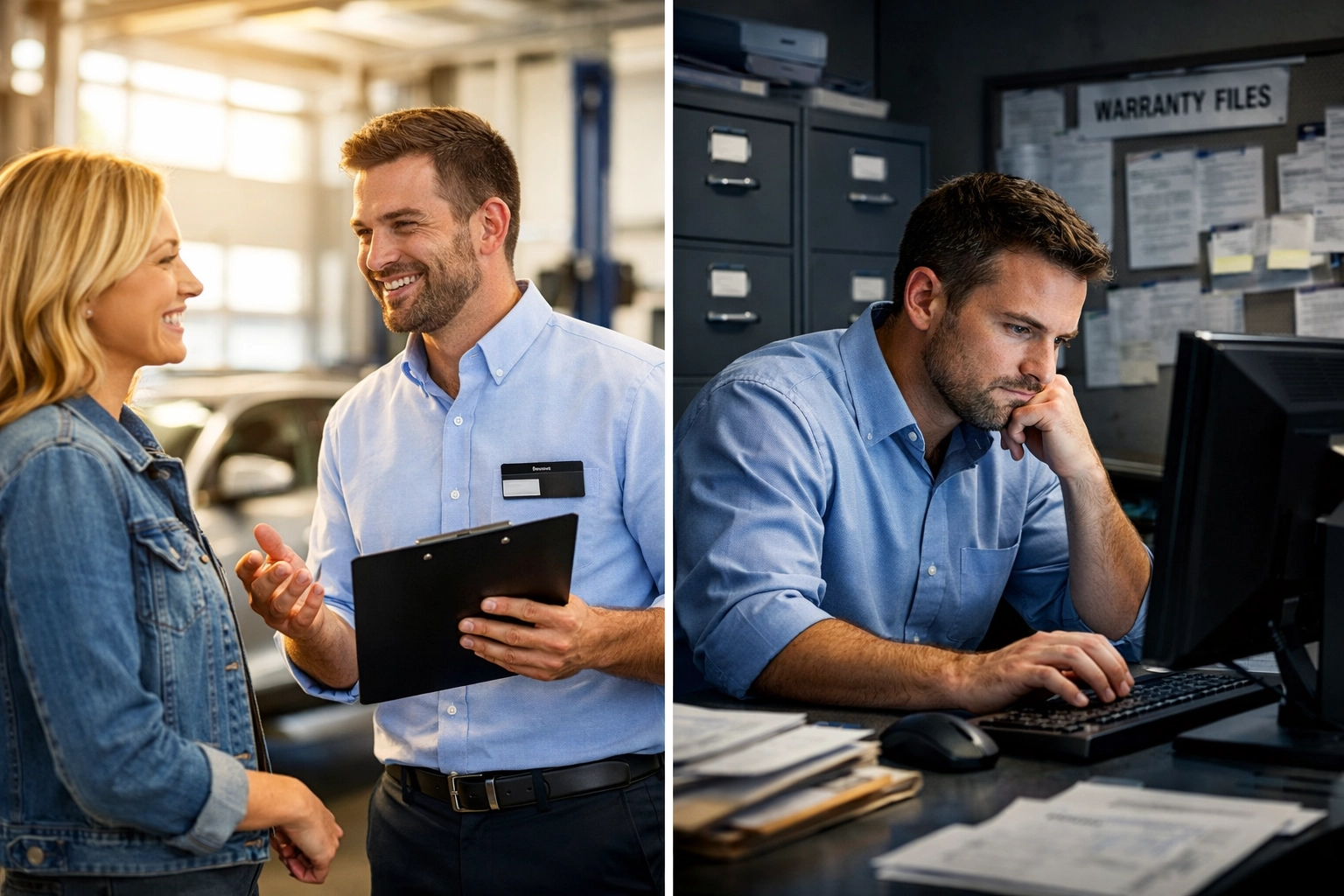 Service advisor helping customer versus doing warranty paperwork in back office