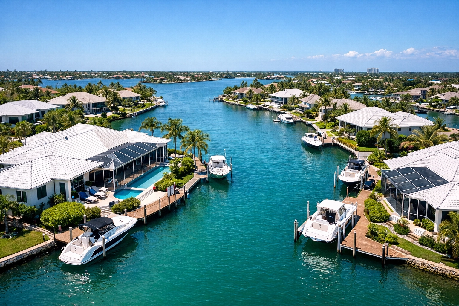Aerial view of luxury SWFL waterfront homes and boats along a sunny turquoise canal.