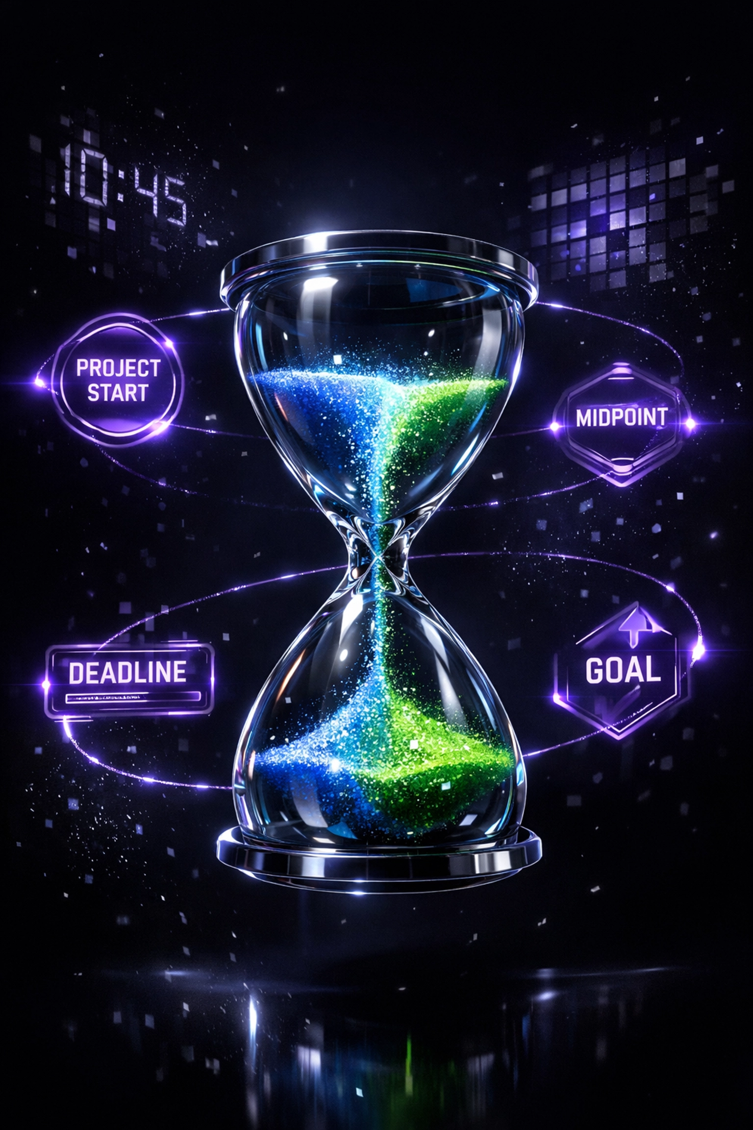 Hourglass representing AI implementation timeline with milestone checkpoints for ROI